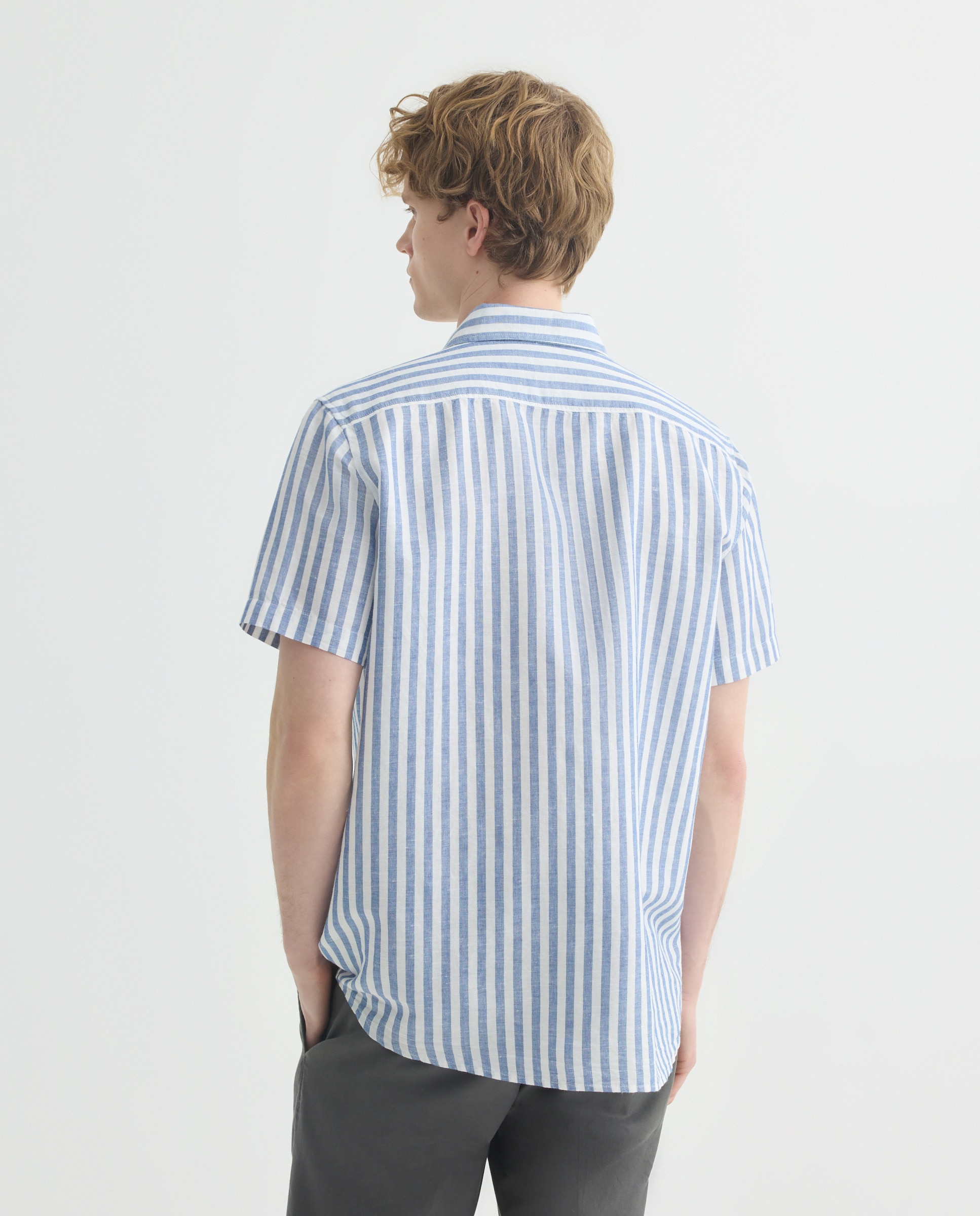 Camisa sport manga corta hombre con lino rayas Azul marino-3