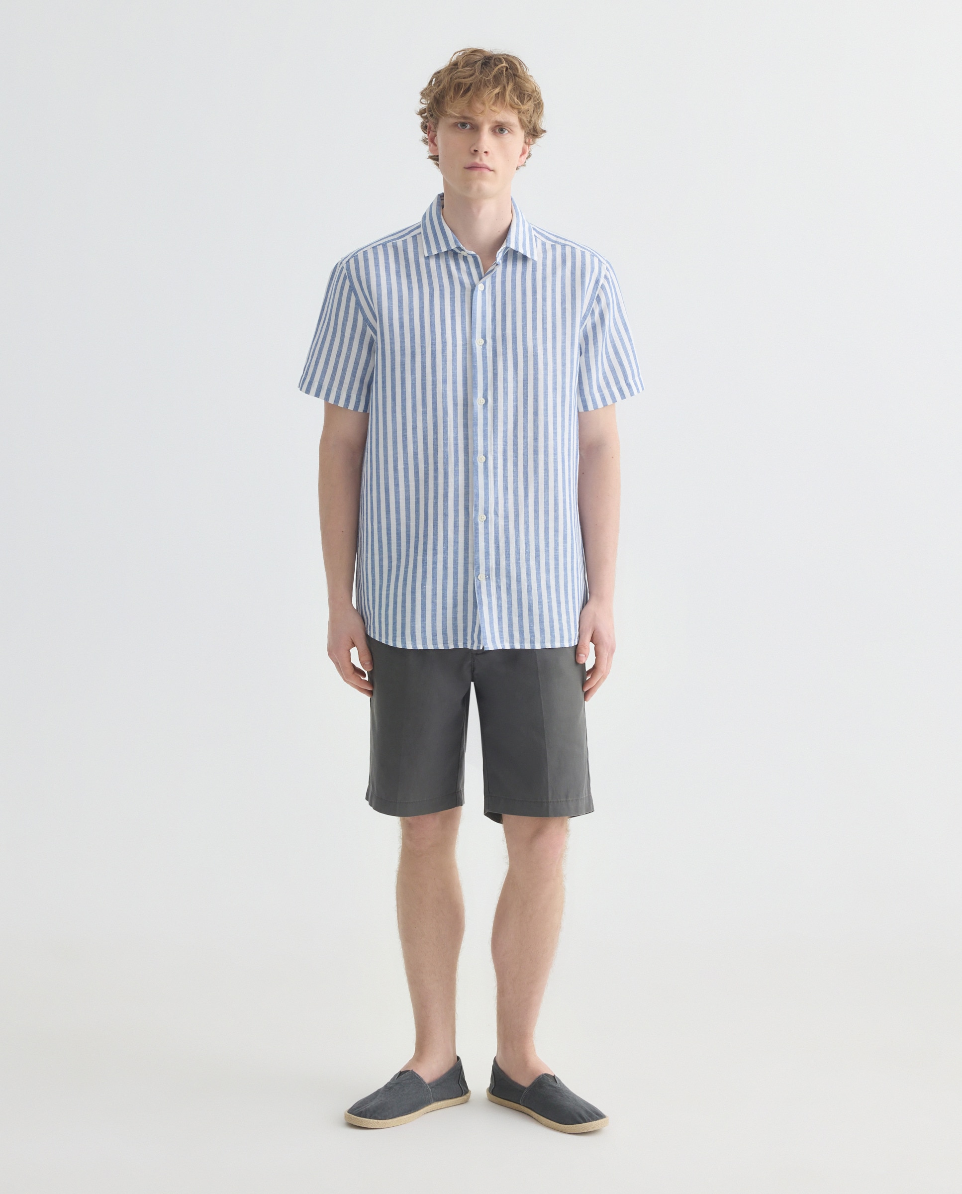 Camisa sport manga corta hombre con lino rayas Azul marino-2