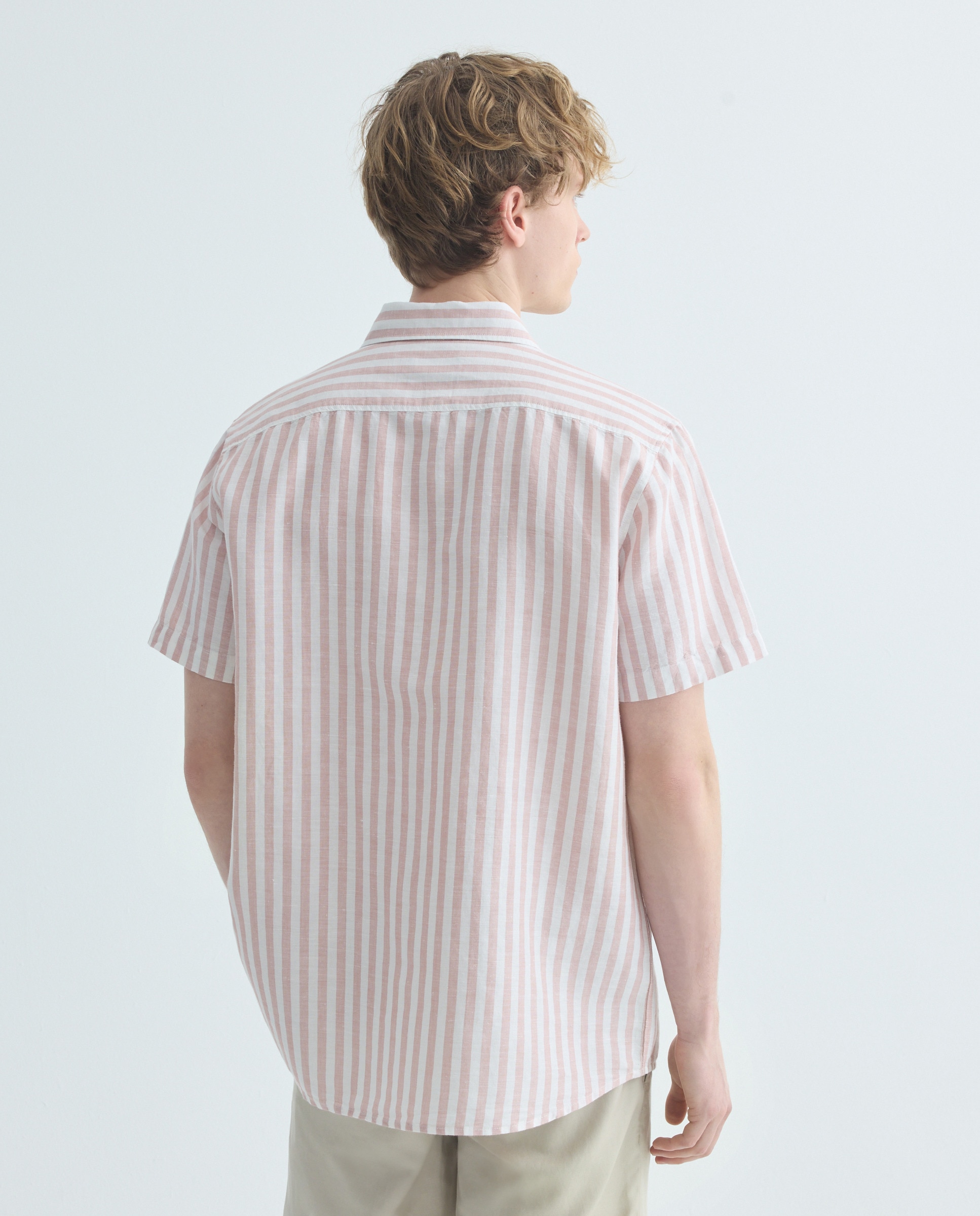 Camisa sport manga corta hombre con lino rayas 200 Rosa-3