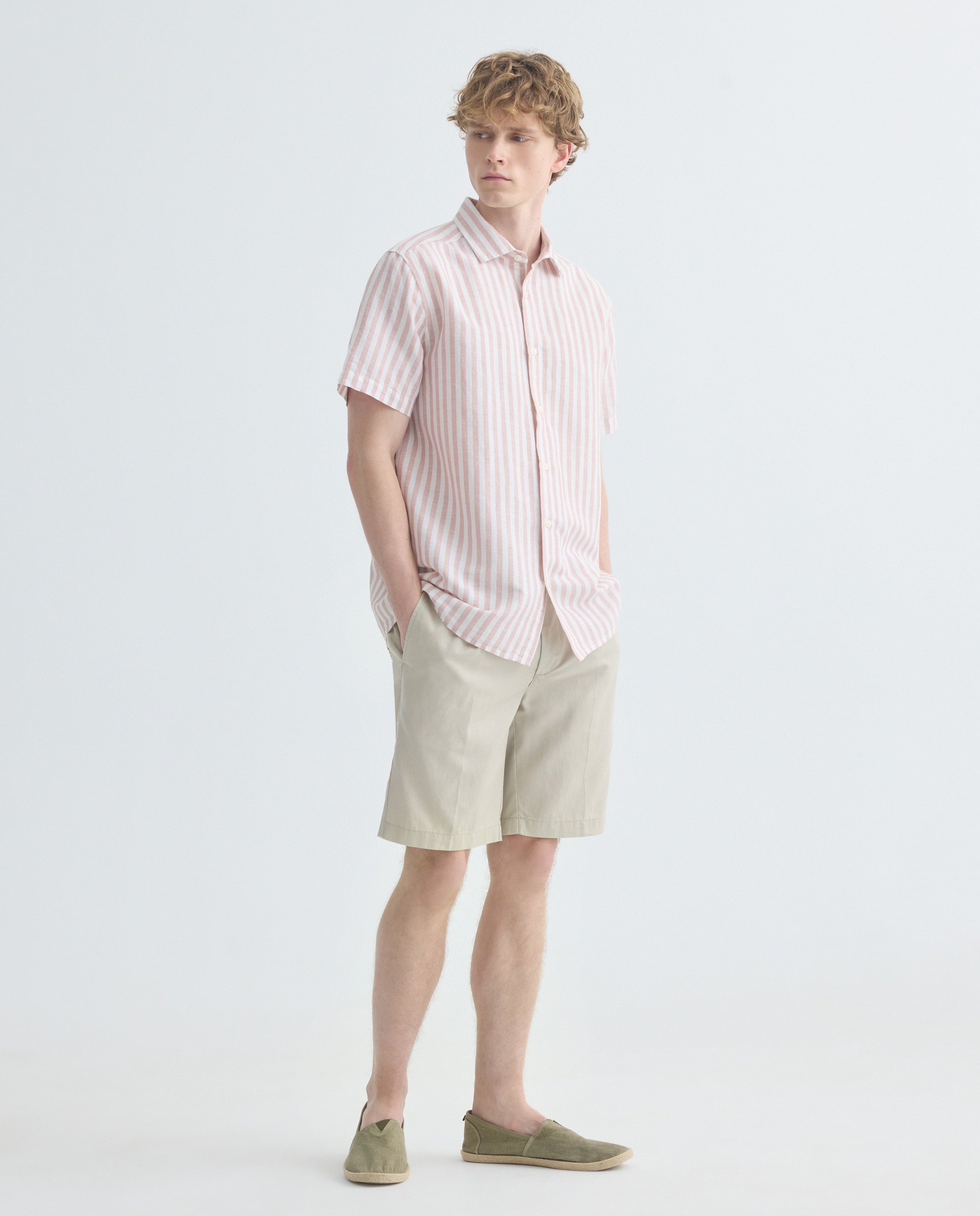 Camisa sport manga corta hombre con lino rayas 200 Rosa-2