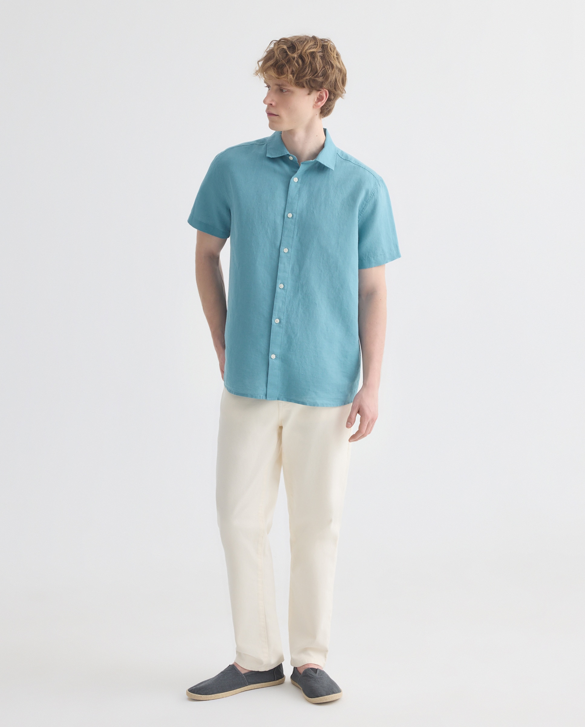 Camisa sport manga corta hombre con lino 450 Turquesa-2