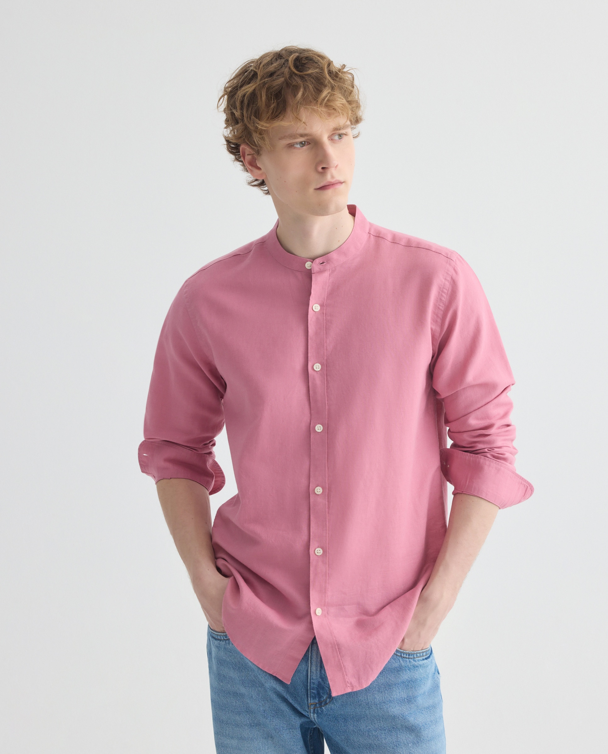 Imagen 0 de Camisa sport hombre lino y algodón lisa cuello mao