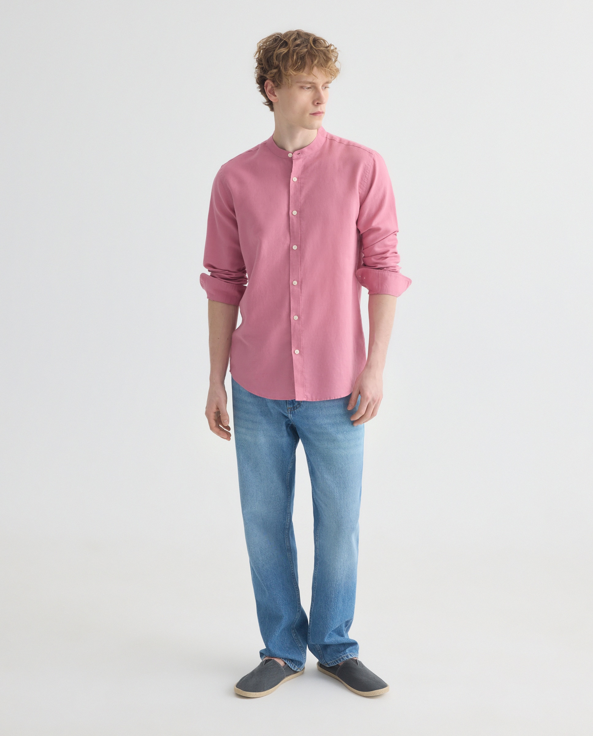 Camisa sport hombre lino y algodón lisa cuello mao 220 Rosa palo-2
