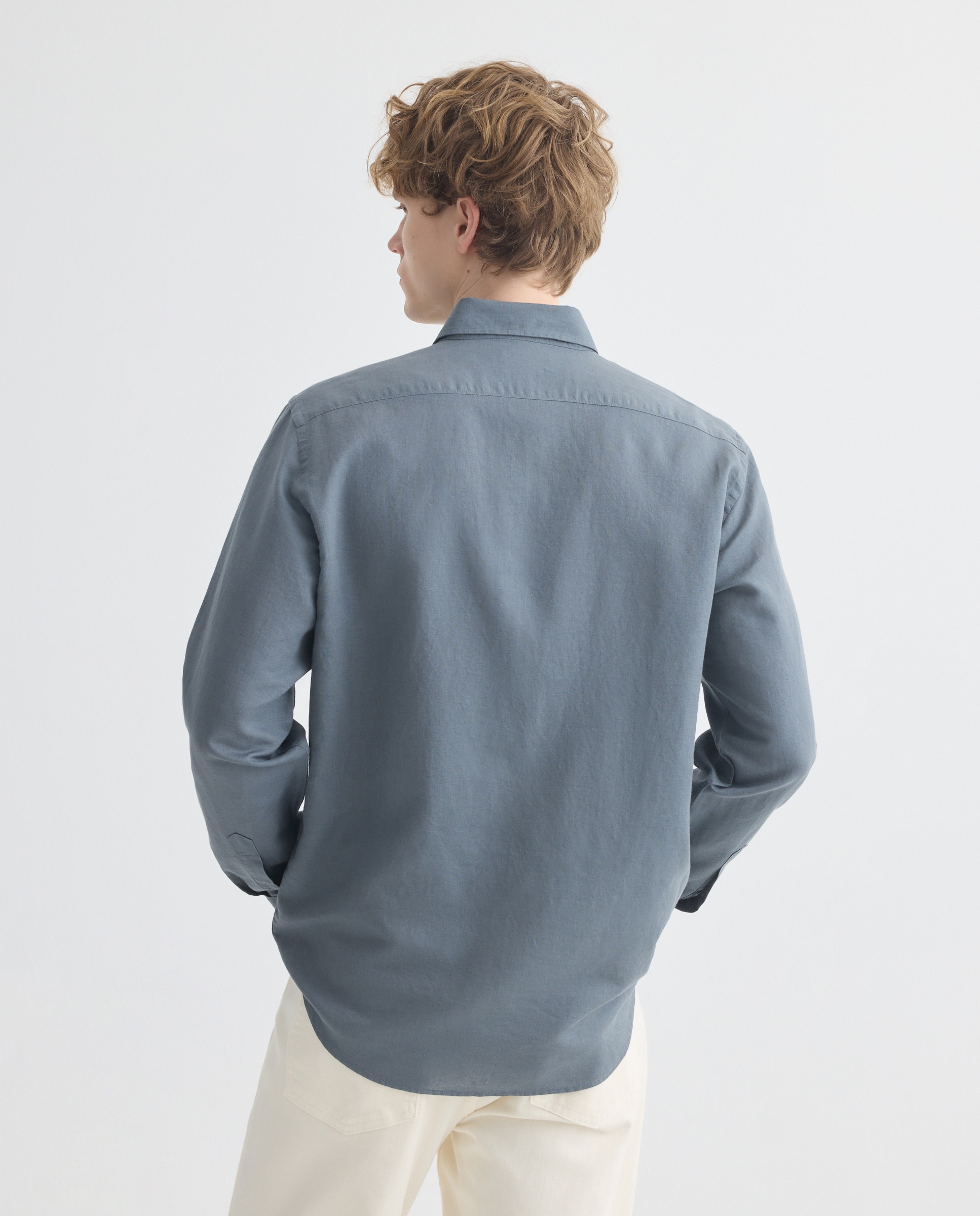 Camisa polera sport hombre lino y algodón lisa 400 Azul-3
