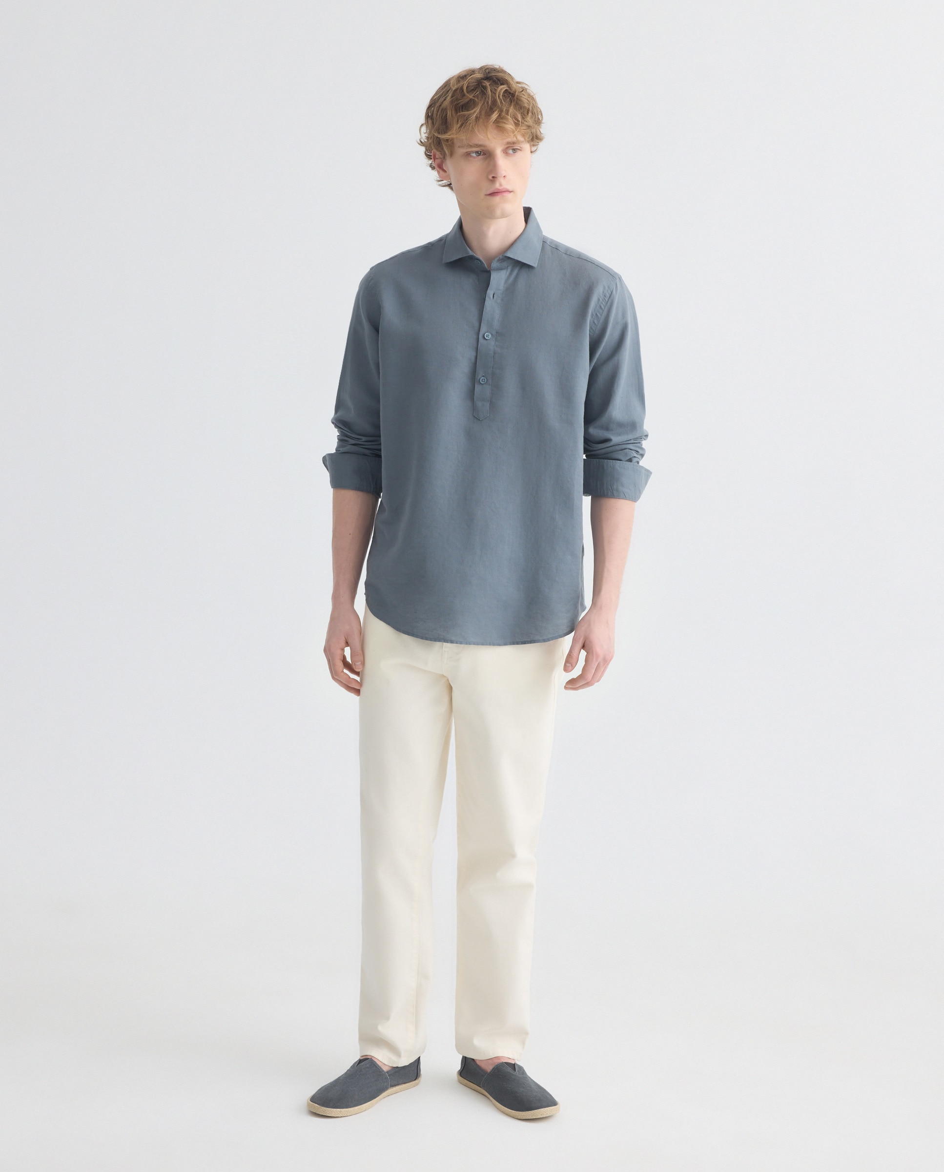 Camisa polera sport hombre lino y algodón lisa 400 Azul-2