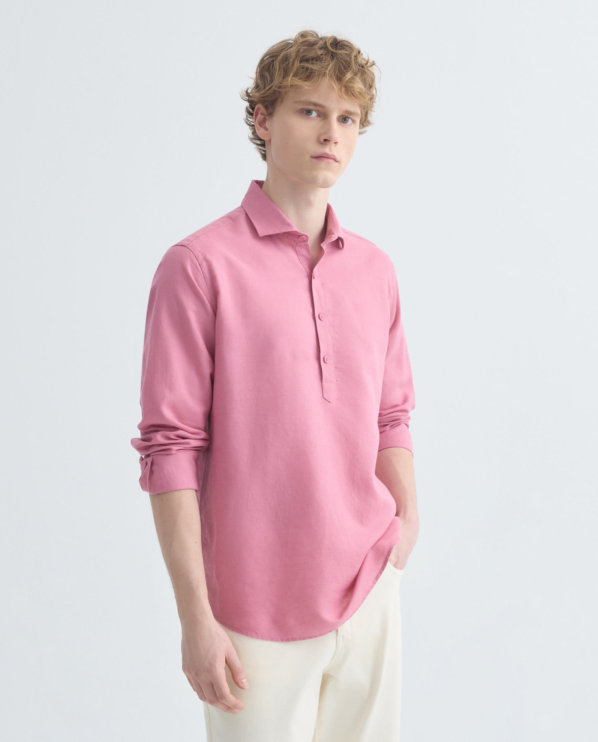 Camisa polera sport hombre lino y algodón lisa 200 Rosa-2