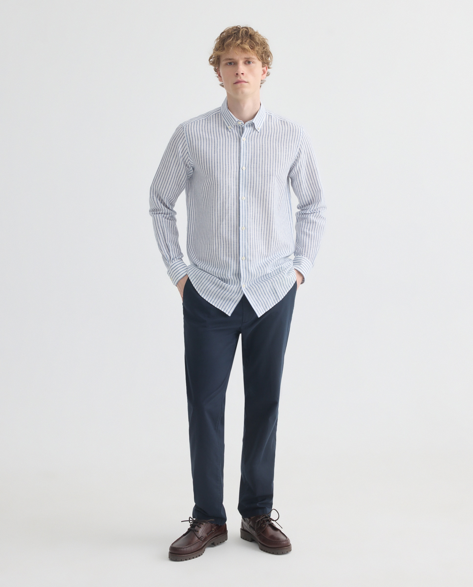 Camisa sport hombre lino y algodon rayas Blanco-2