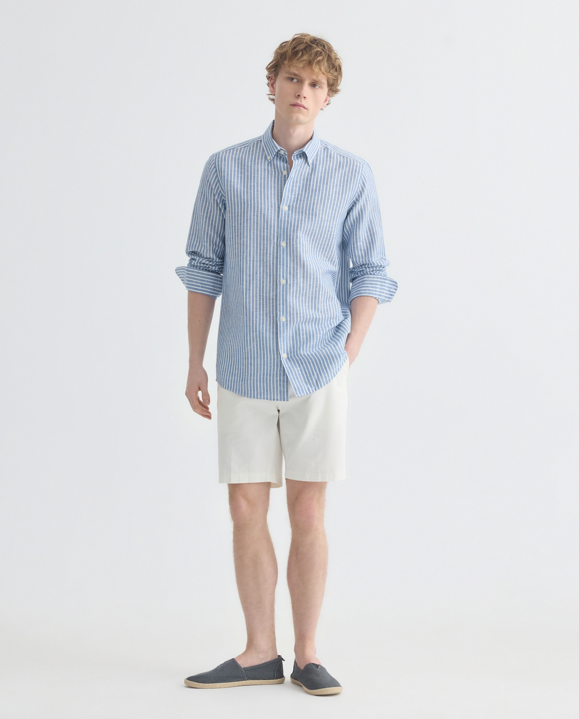 Camisa sport hombre lino y algodon rayas Azul marino-2