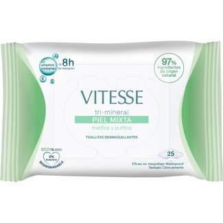 toallitas desmaquillantes tri-mineral matifica y purifica con complejo vitamínico A, E y C bolsa 25 unidades para piel mixta y maquillaje waterproof - Vitesse