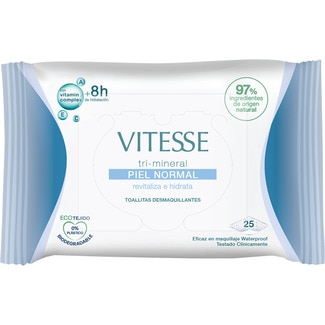 toallitas desmaquillantes tri-mineral revitaliza e hidrata con complejo vitamínico A, E, C bolsa 25 unidades para piel normal - Vitesse