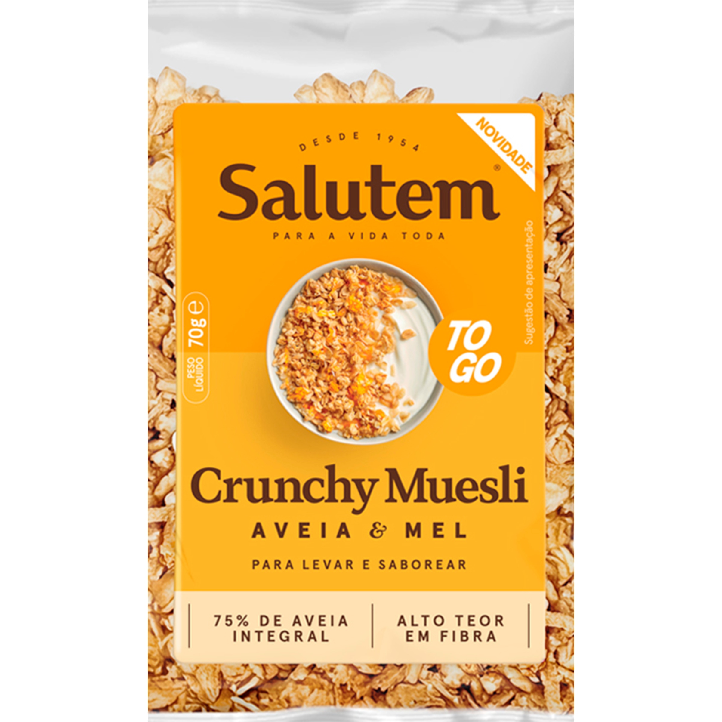 Muesli Crunch de Aveia e Mel embalagem 70 g