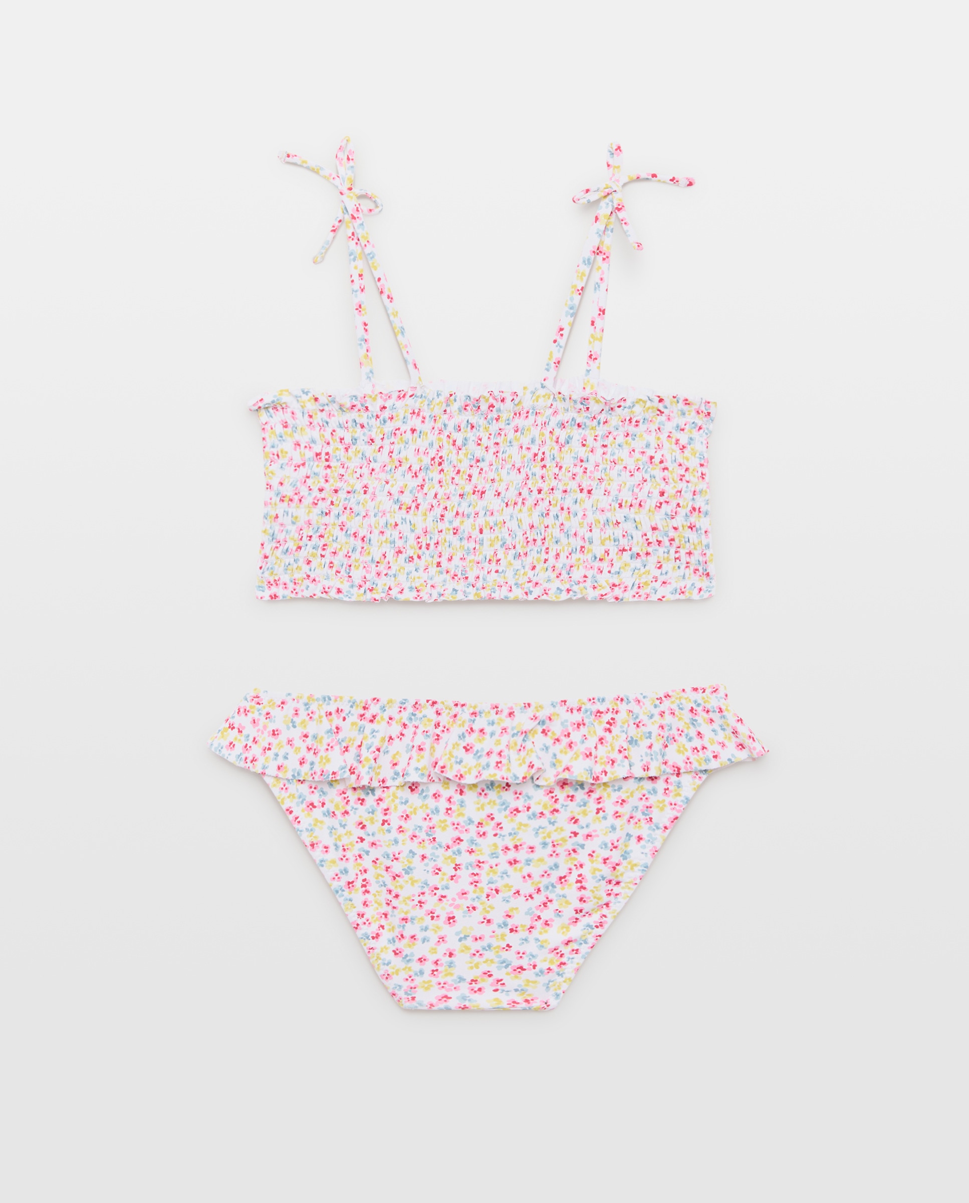 Bikini niña smock y lazos flores Blanco roto-2