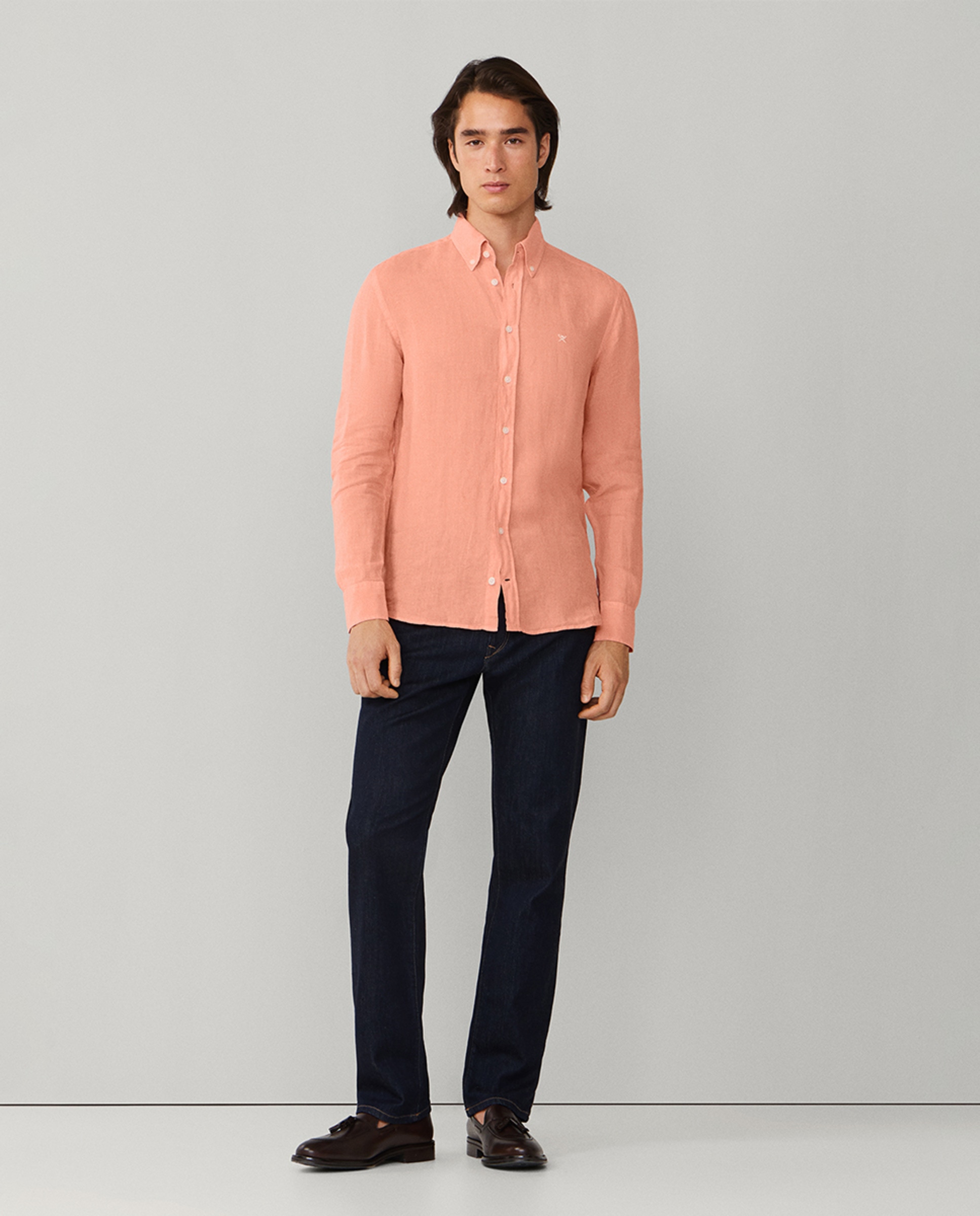 Camisa de Linho Lisa com Logótipo Bordado Laranja-claro-9