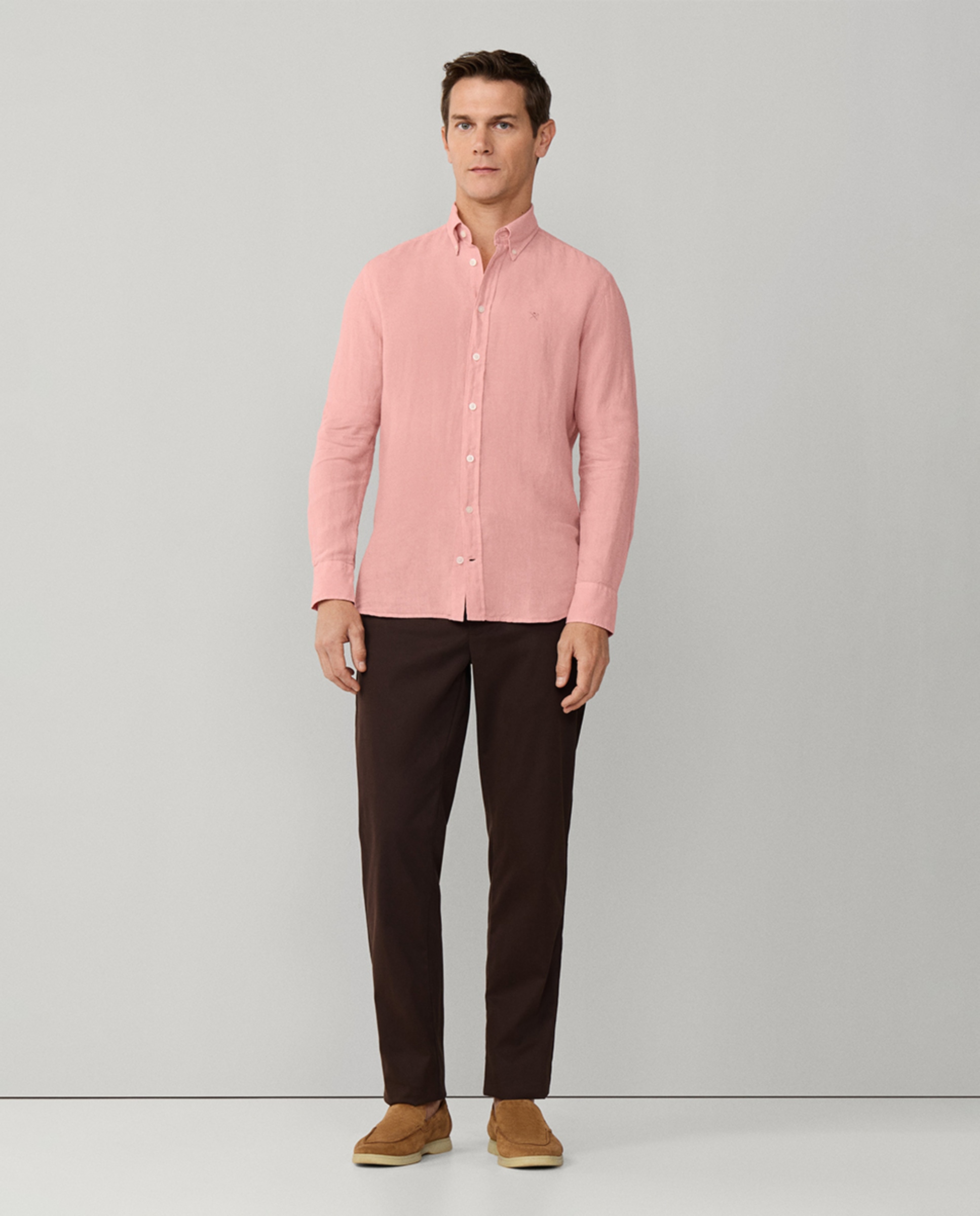 Camisa de Linho Lisa com Logótipo Bordado Salmão-10