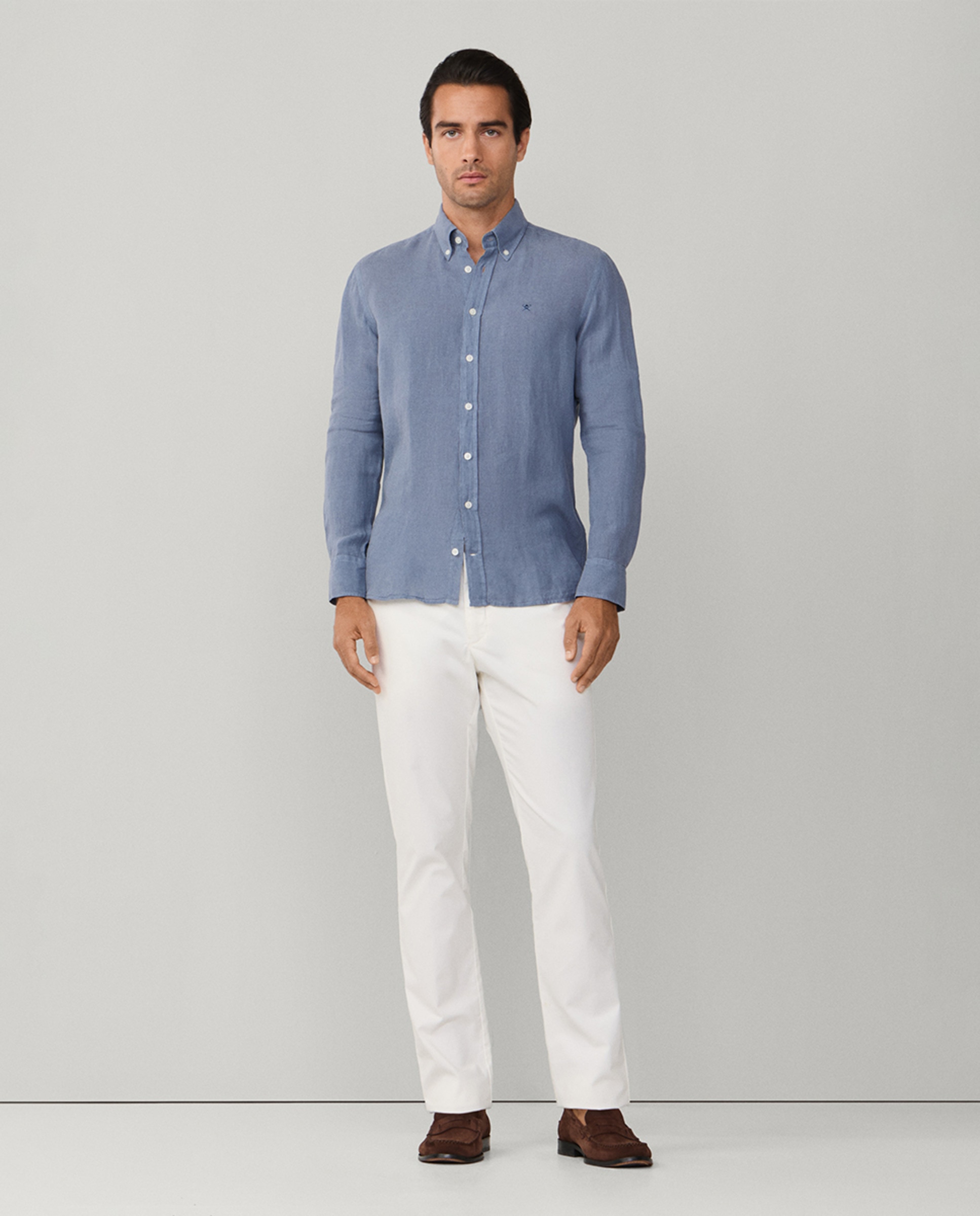 Camisa de Linho Lisa com Logótipo Bordado Azul-escuro-9