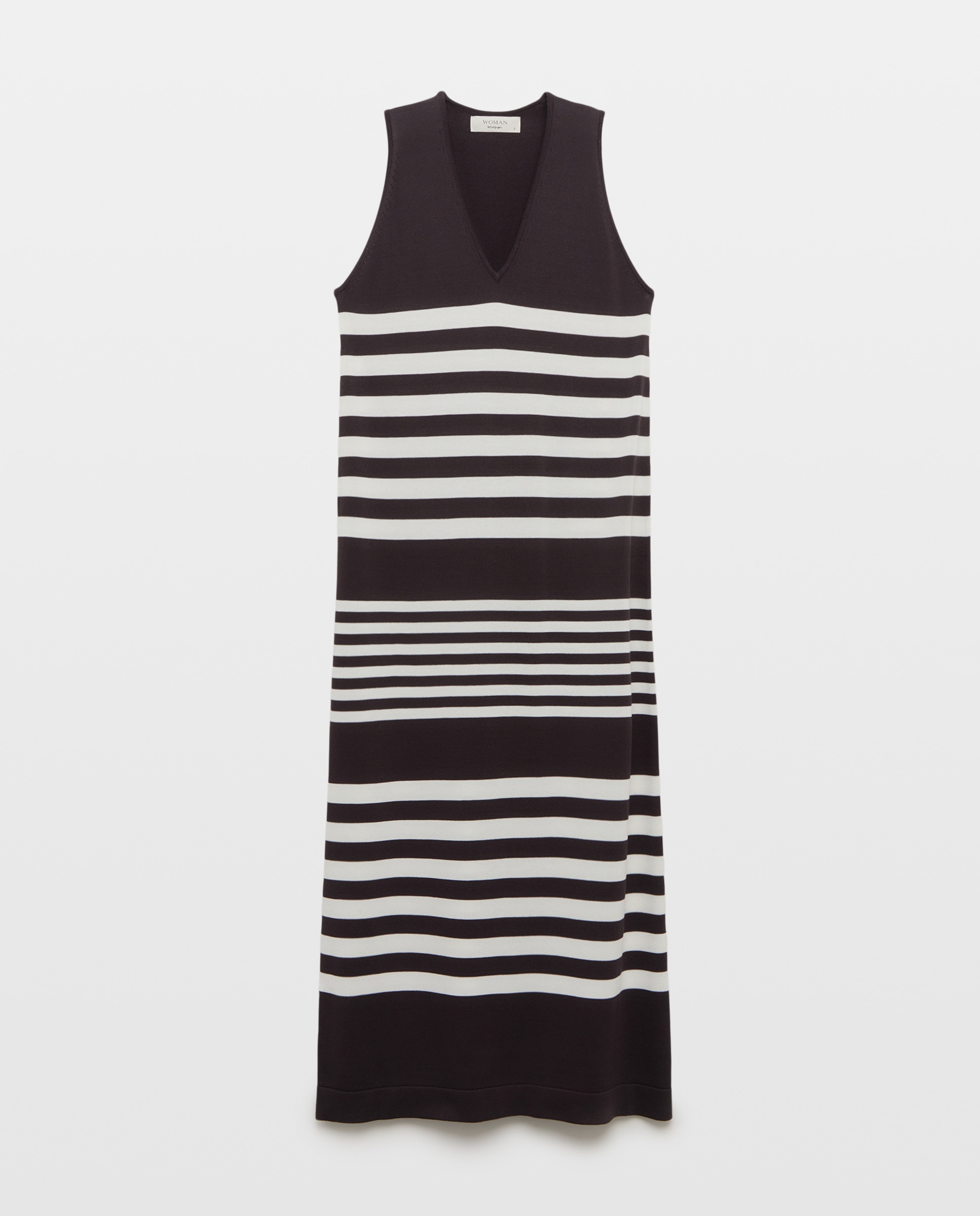 Vestido sem Mangas com Decote em Bico e Riscas de Tricot Castanho-4