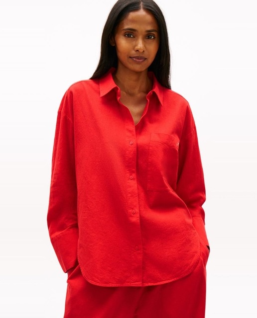 Imagem 0 de Camisa de Linho de Silhueta Larga e Logótipo Bordado em Contraste no Bolso do Peito