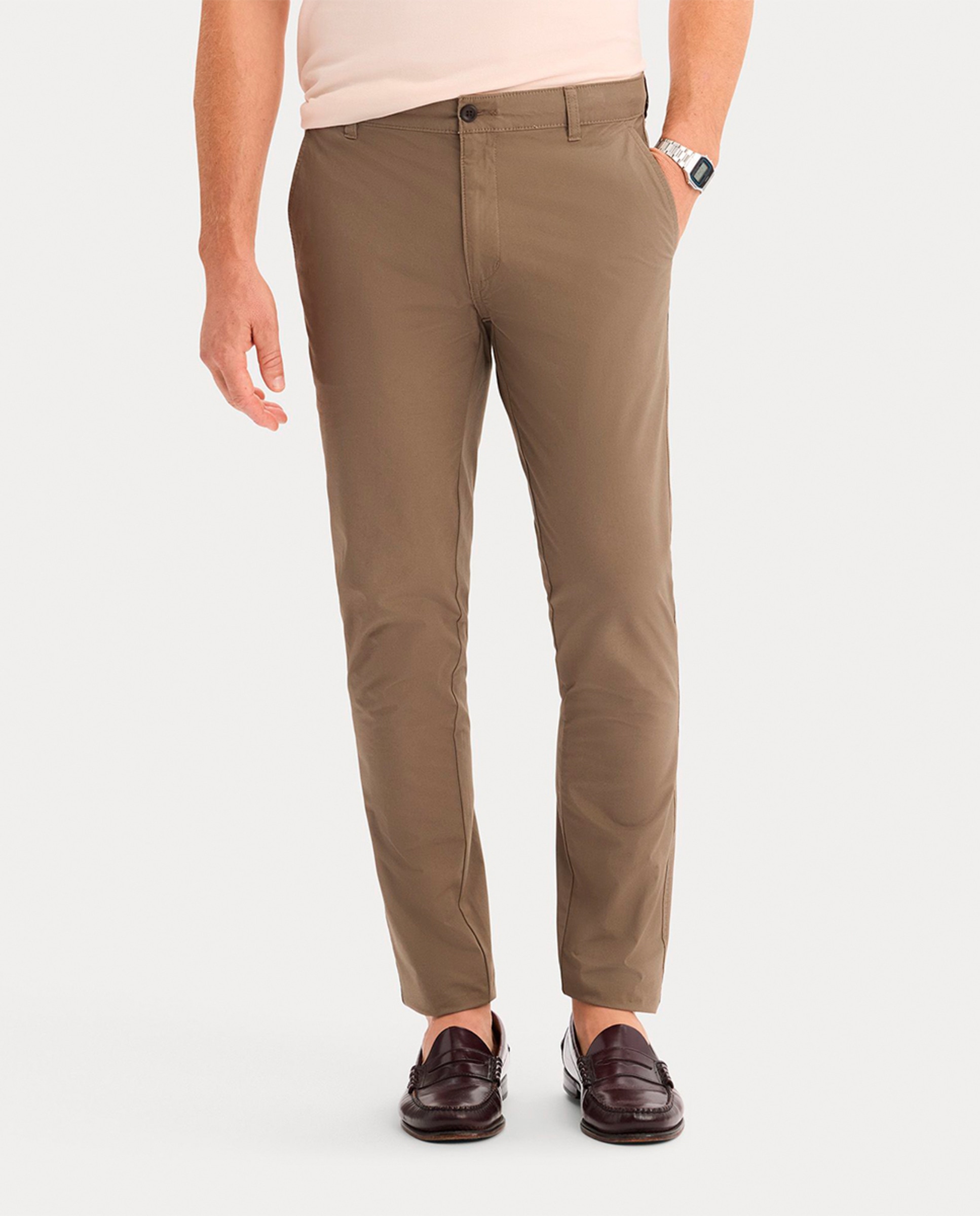 Calças Chino Casual de Corte Skinny Castanho-1