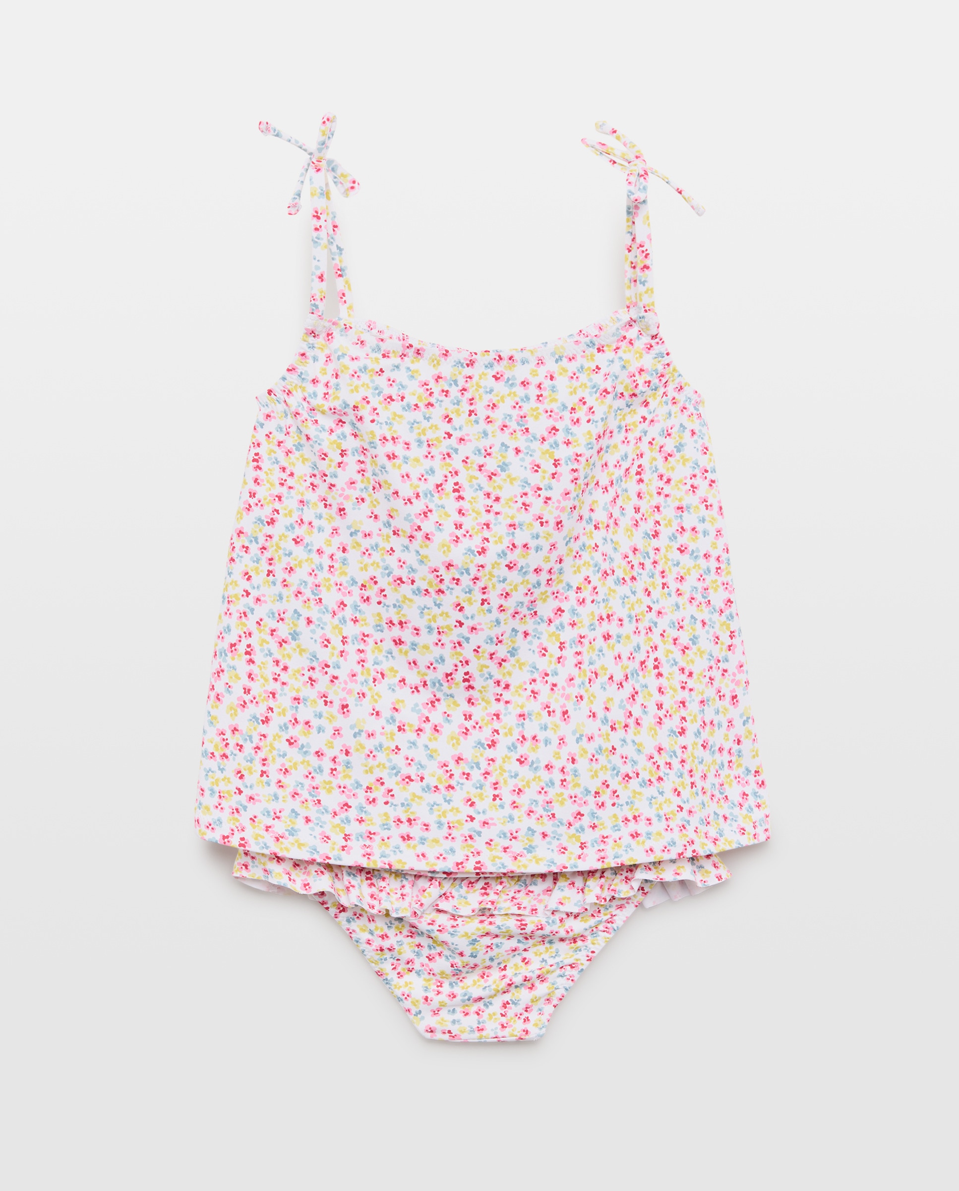 Conjunto baño volante y lazos flores Blanco roto-2