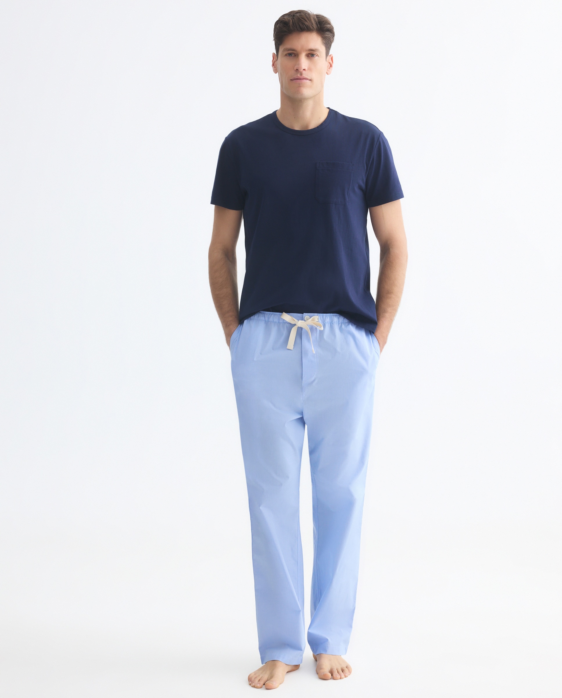 Calças de Pijama em Popelina de Algodão 400 Azul-1