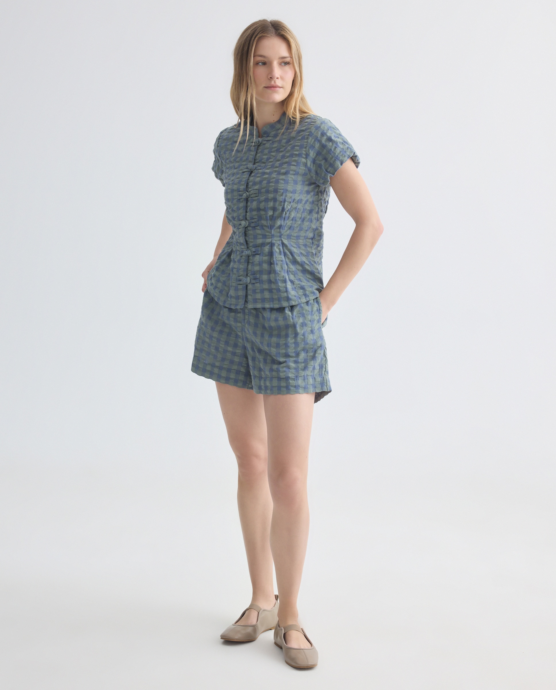 Blusa de mujer de cuadros total look Azul-2