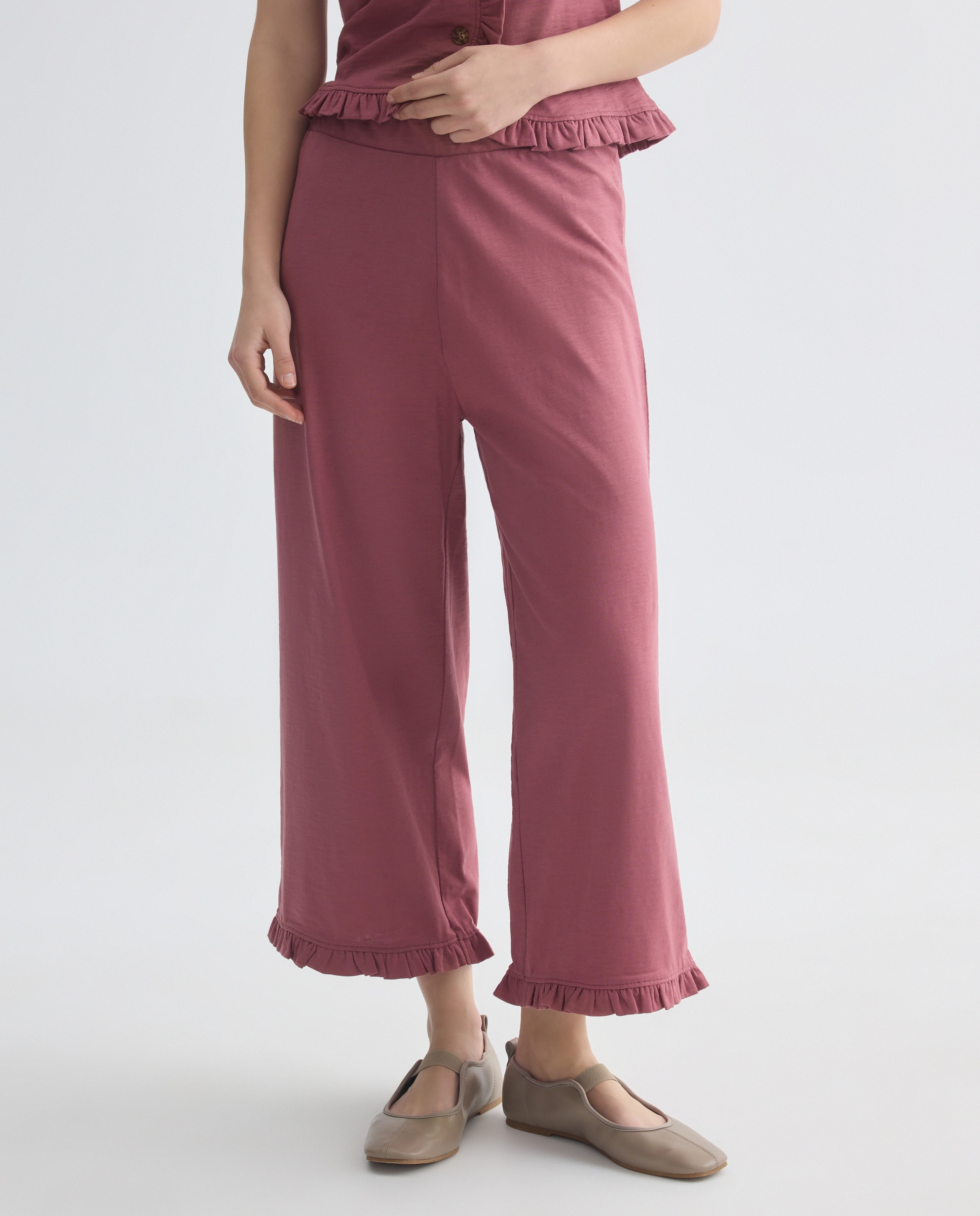 Pantalón ancho mujer con volantes en el bajo 230 Rosa oscuro-2