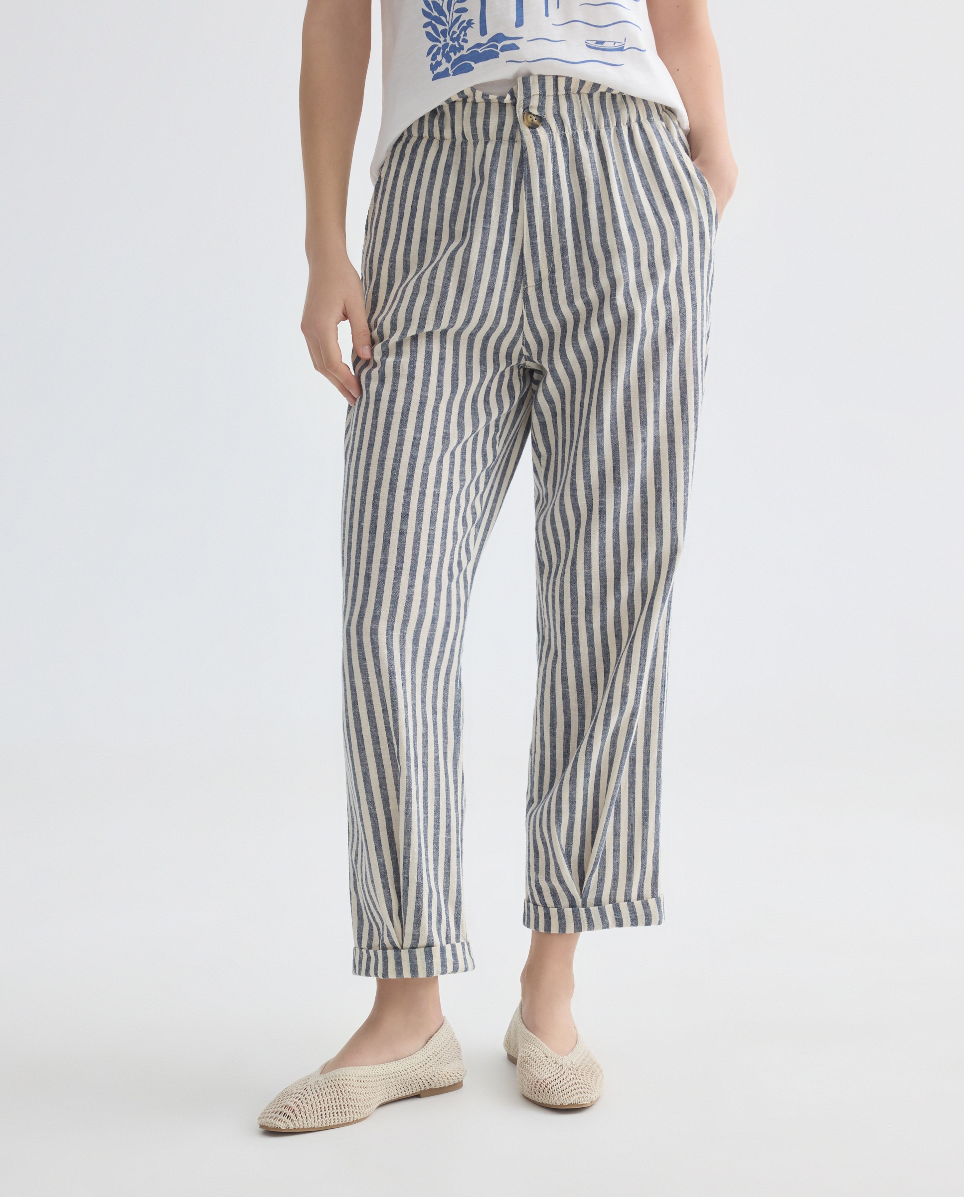 Pantalón de mujer de rayas de algodón con cintura elástica Azul-2