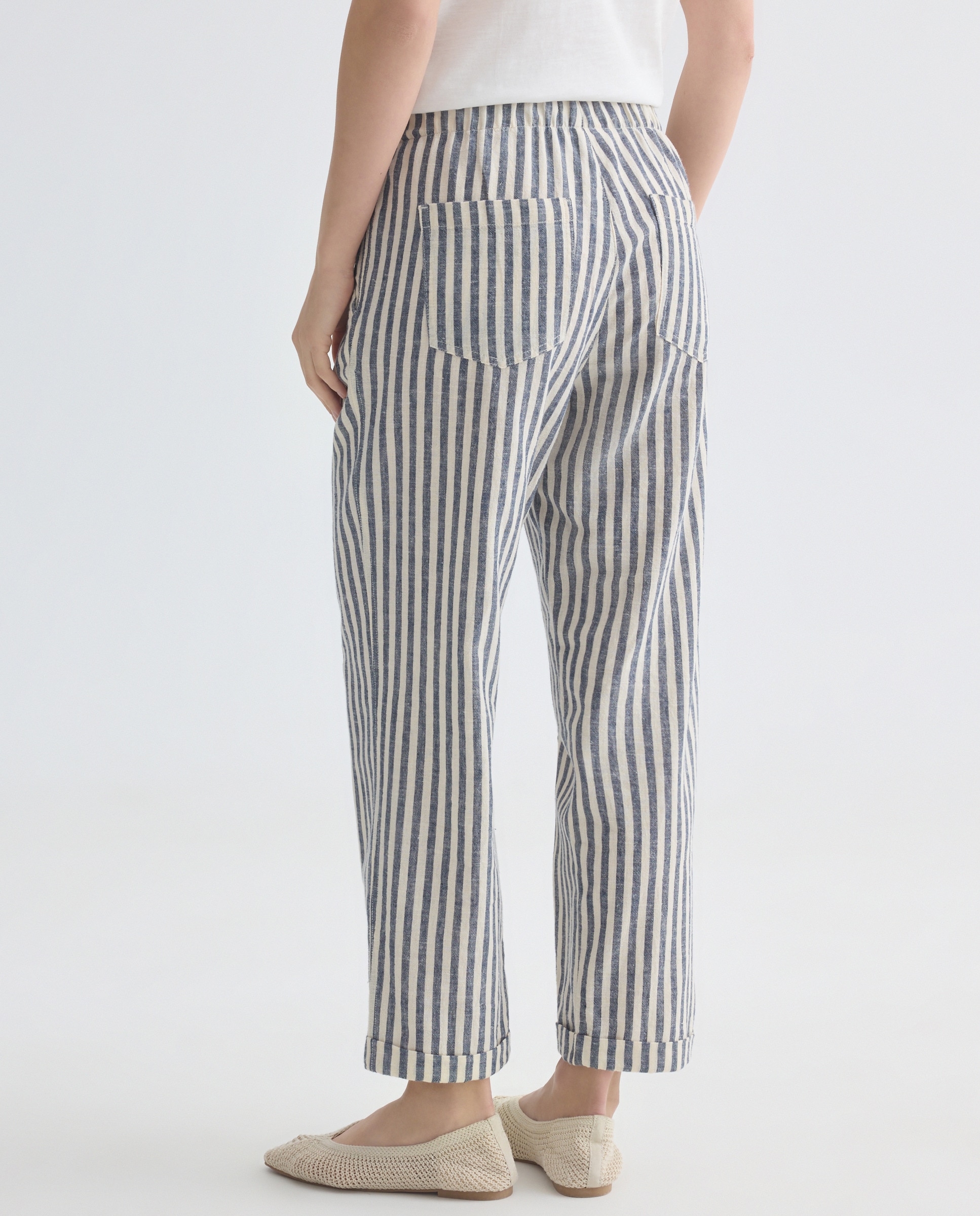 Pantalón de mujer de rayas de algodón con cintura elástica Azul-3