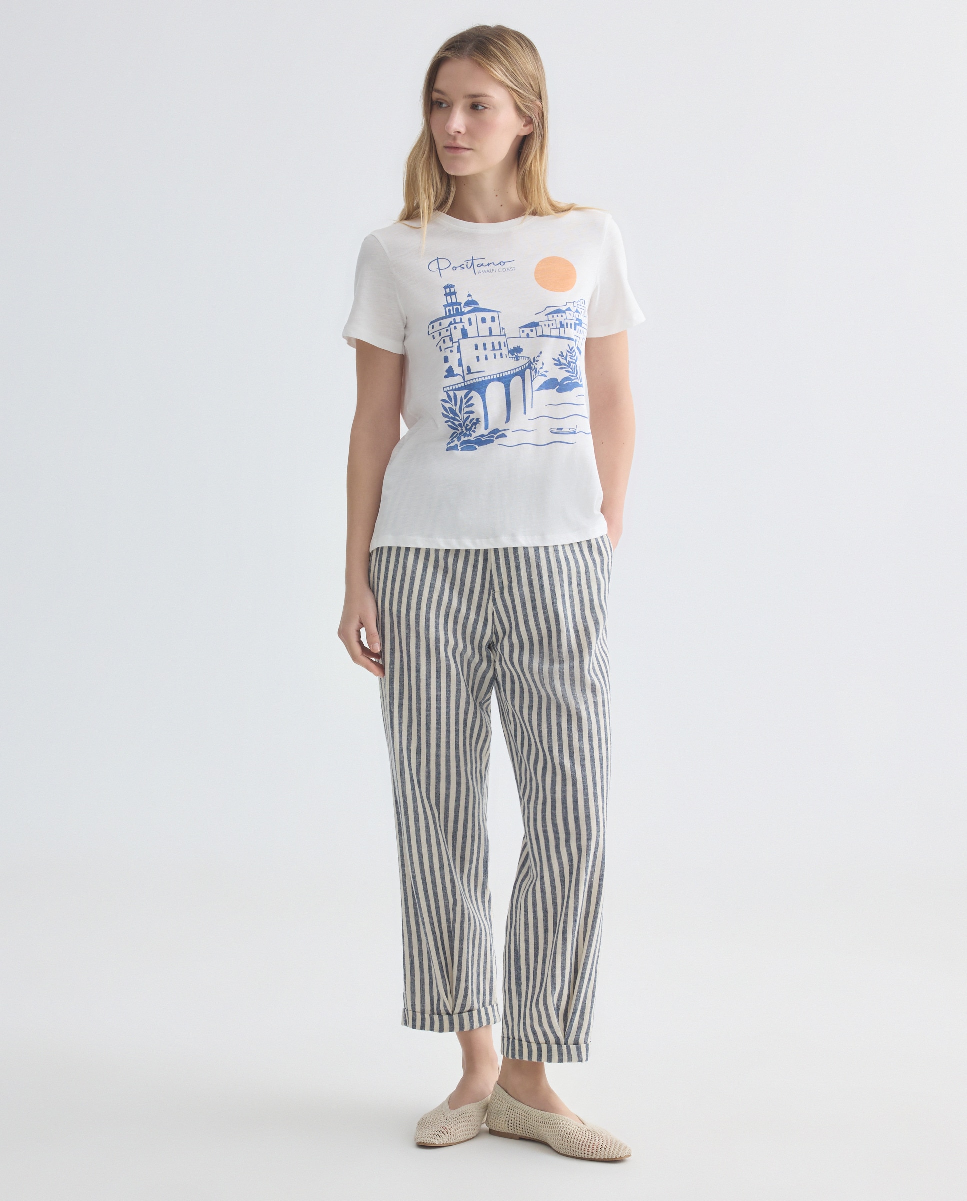 Imagen 0 de Pantalón de mujer de rayas de algodón con cintura elástica