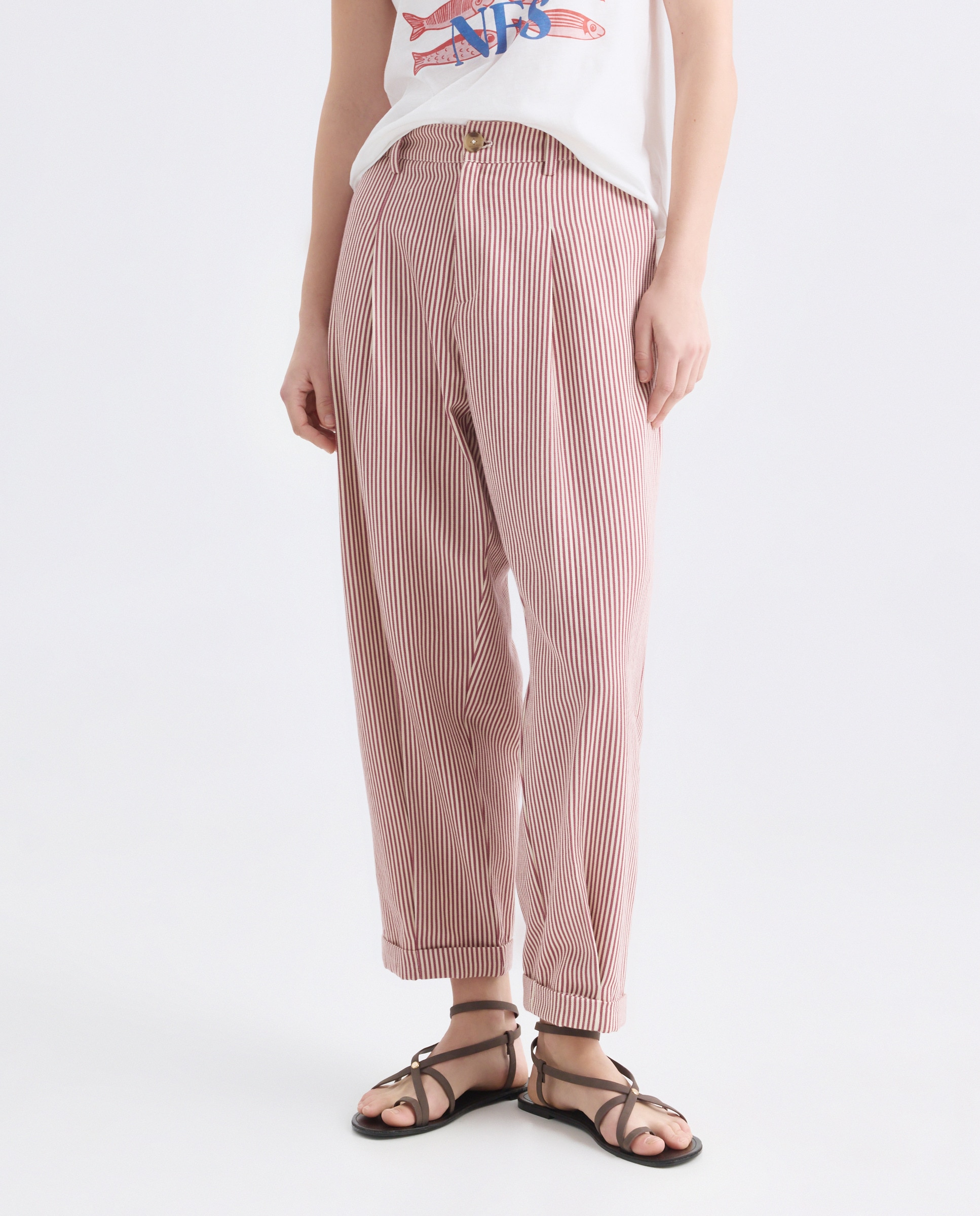 Pantalón de mujer pinzas de rayas Rojo-2