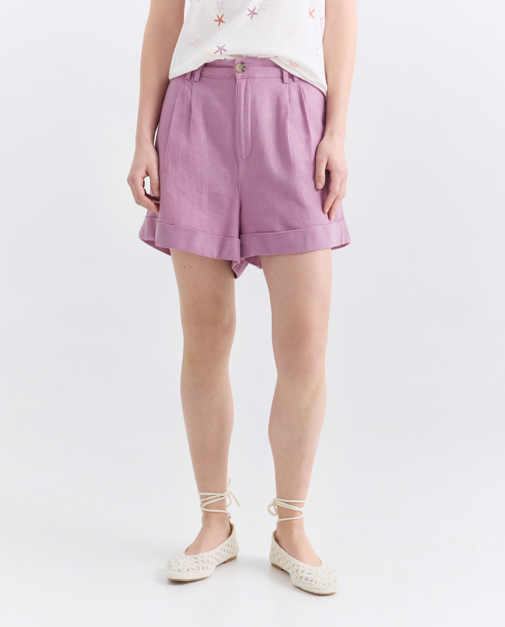 Bermuda de mujer pinzas con lino Morado-2