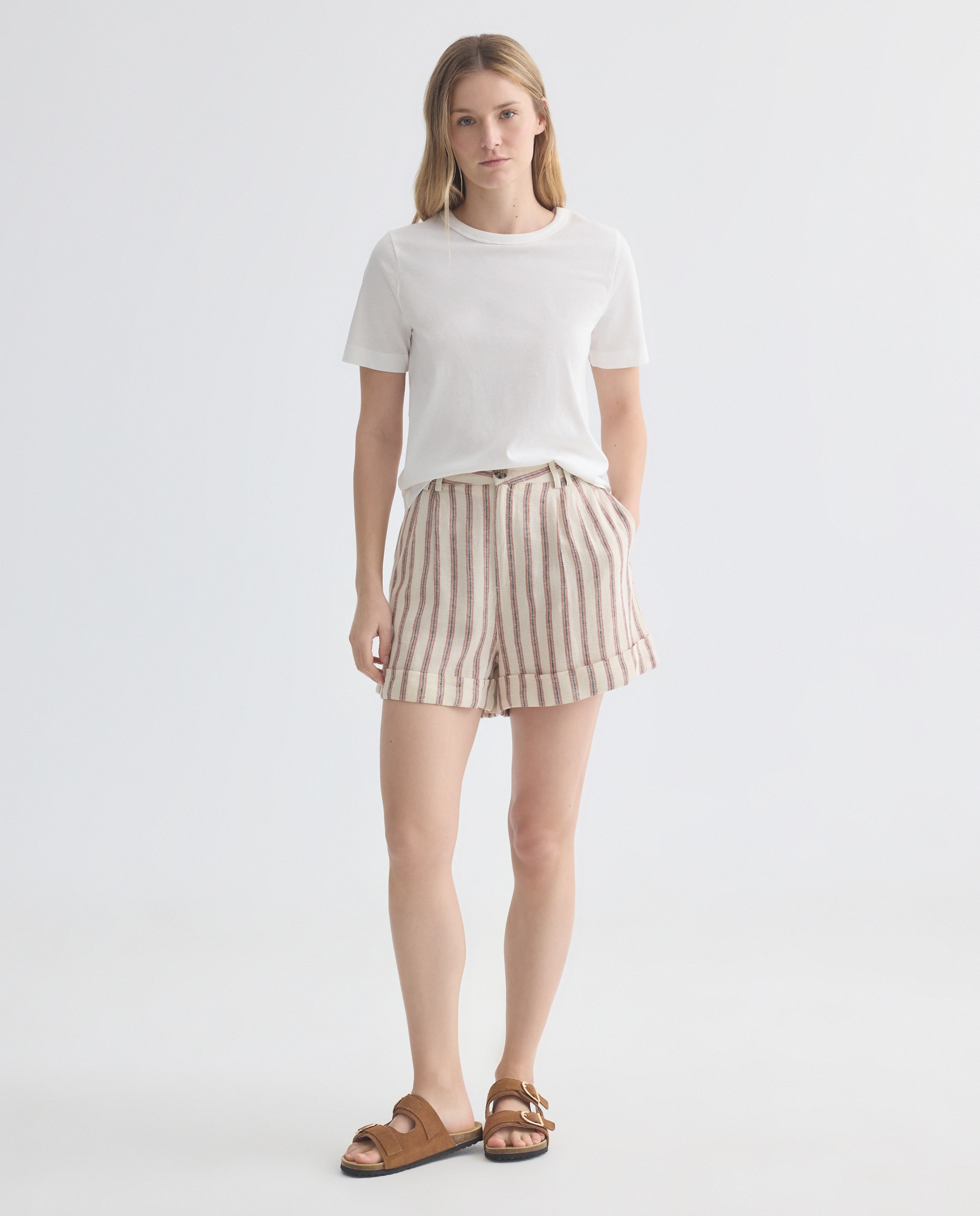 Imagen 0 de Bermuda de mujer pinzas con lino de rayas