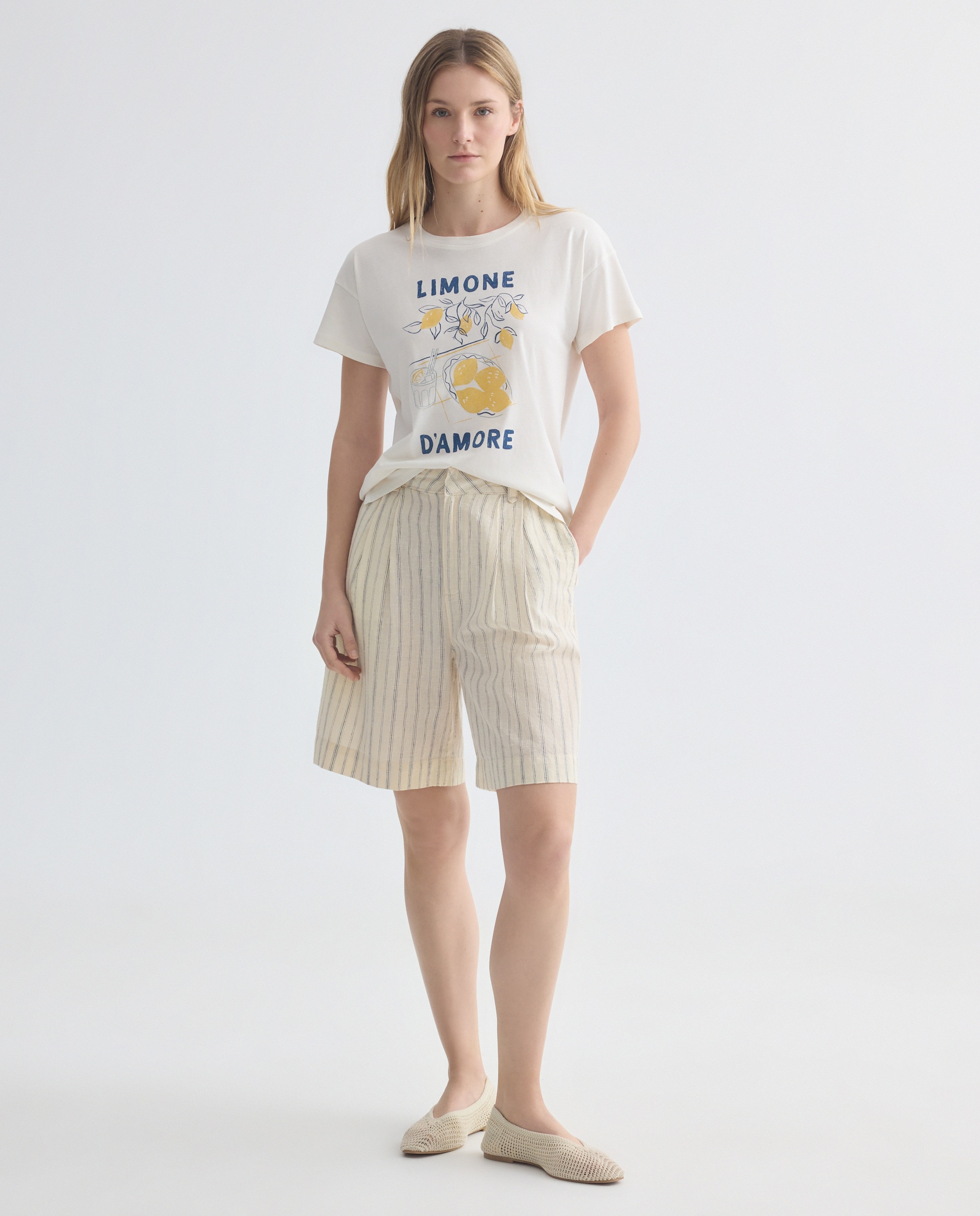 Imagen 0 de Bermuda de mujer pinzas con lino de rayas