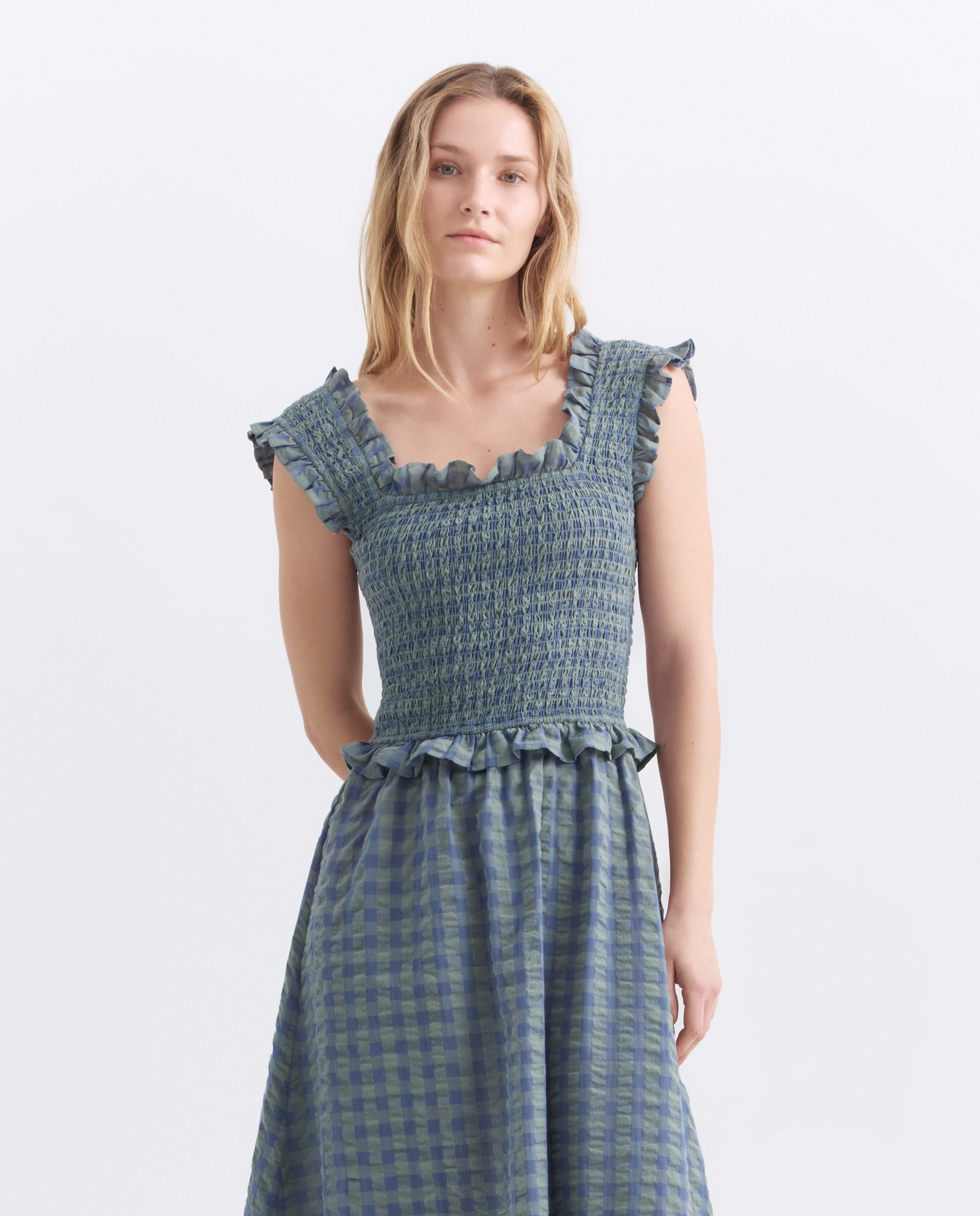Vestido de mujer de cuadros fruncido Azul-2
