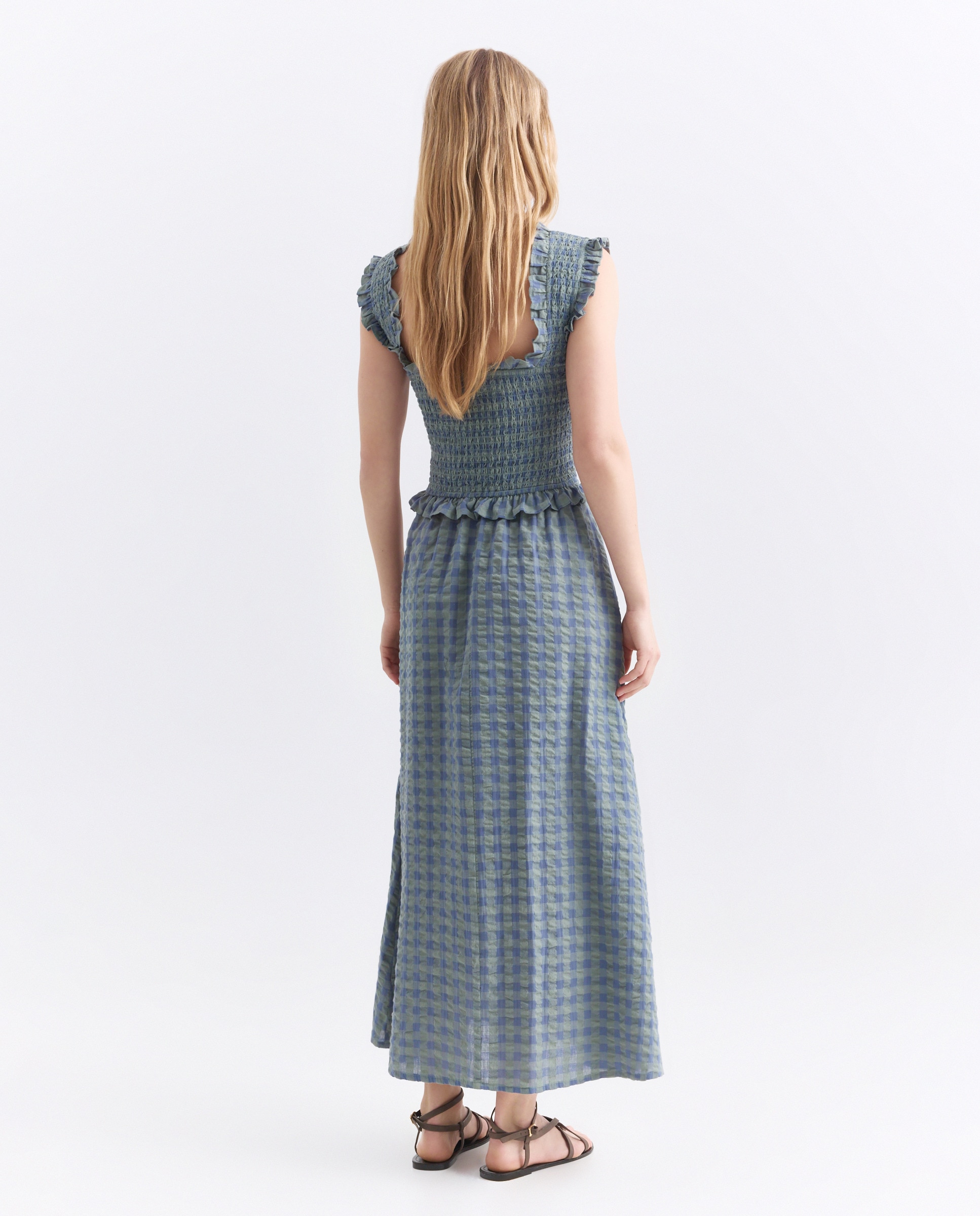 Vestido de mujer de cuadros fruncido Azul-3