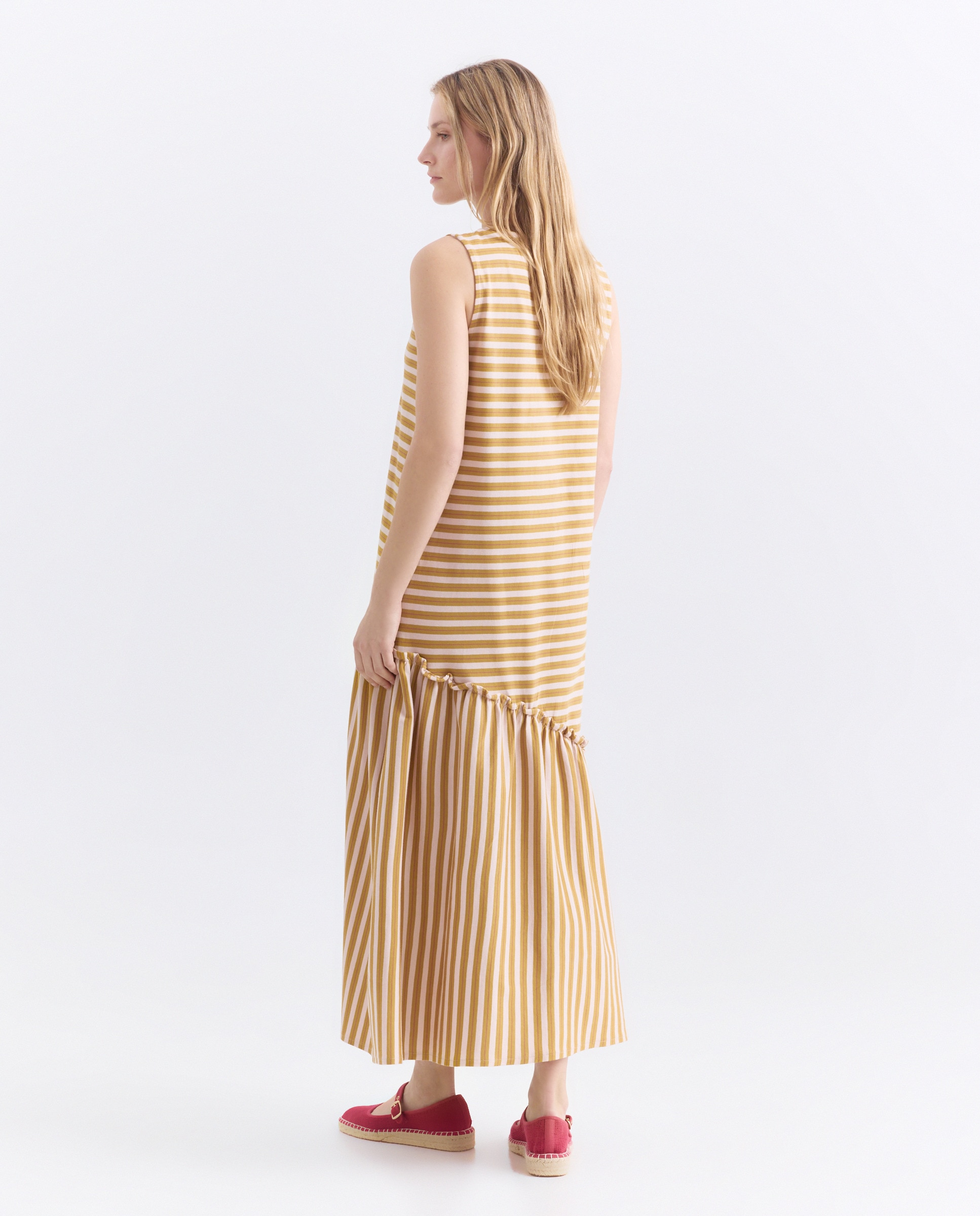 Vestido de mujer cuello caja corte diagonal rayas Multicolor-3