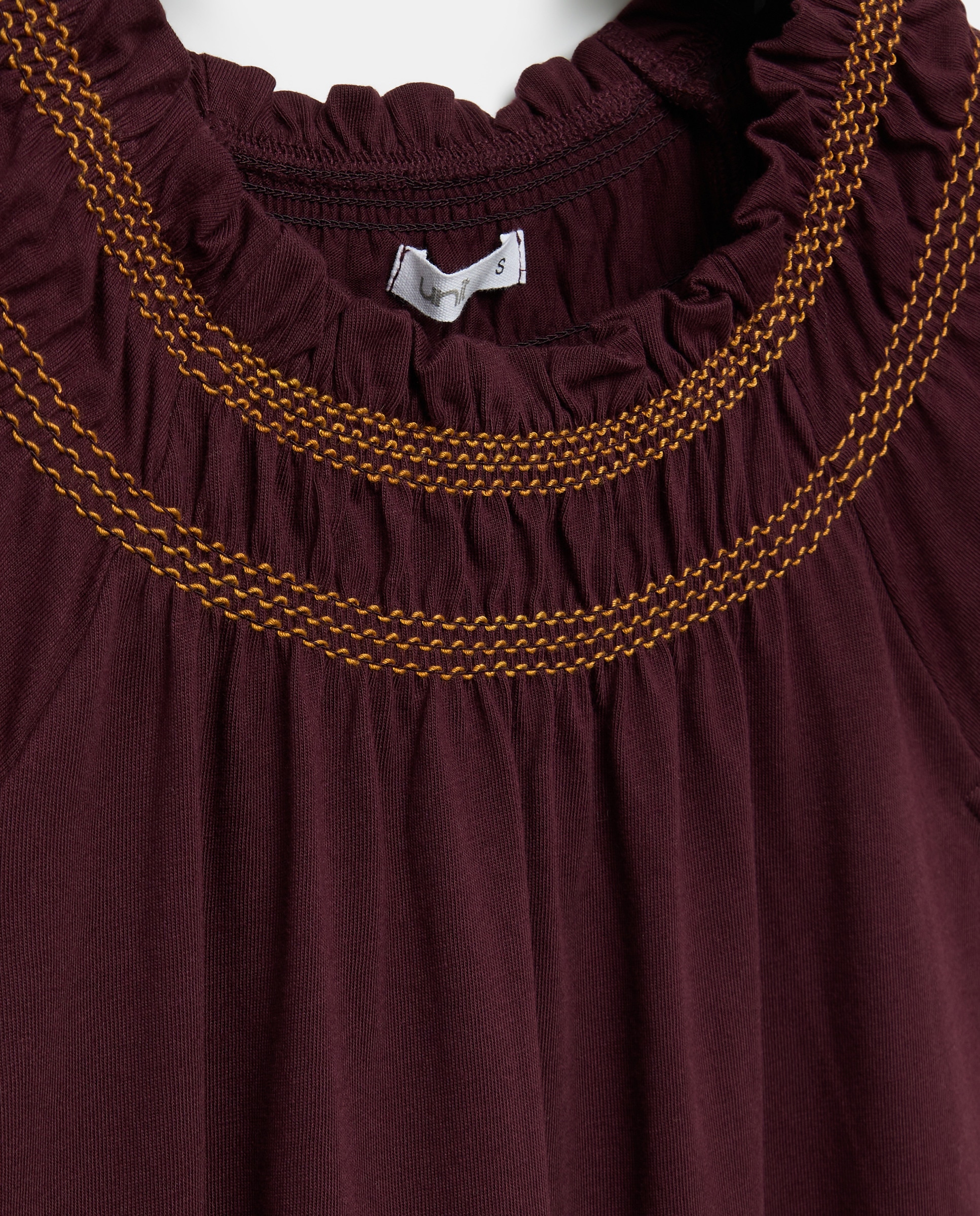 Vestido de mujer cuello caja fruncido sin mangas Burdeos-6