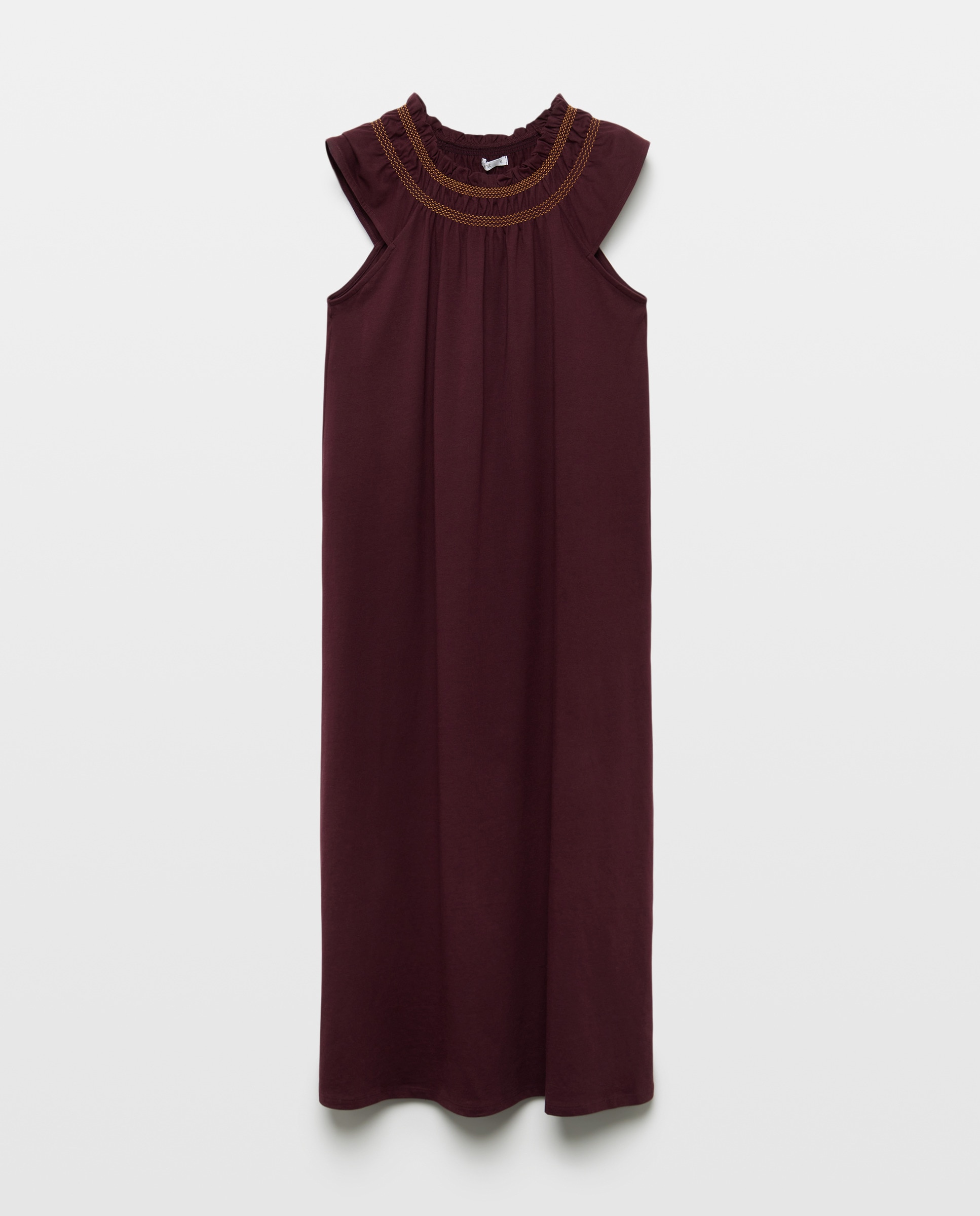 Vestido de mujer cuello caja fruncido sin mangas Burdeos-5