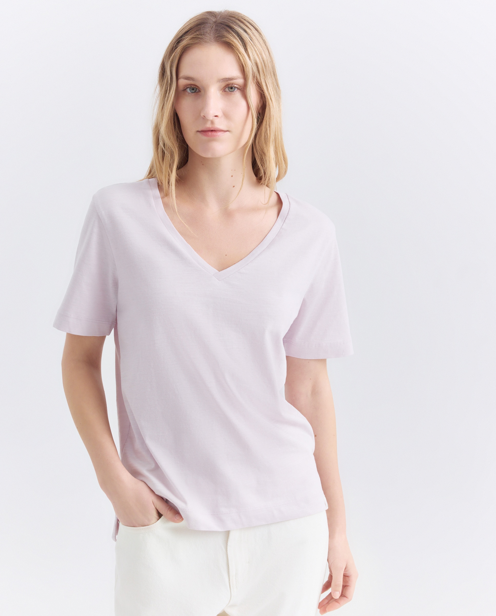 Camiseta básica de mujer cuello pico 283 Lavanda-2
