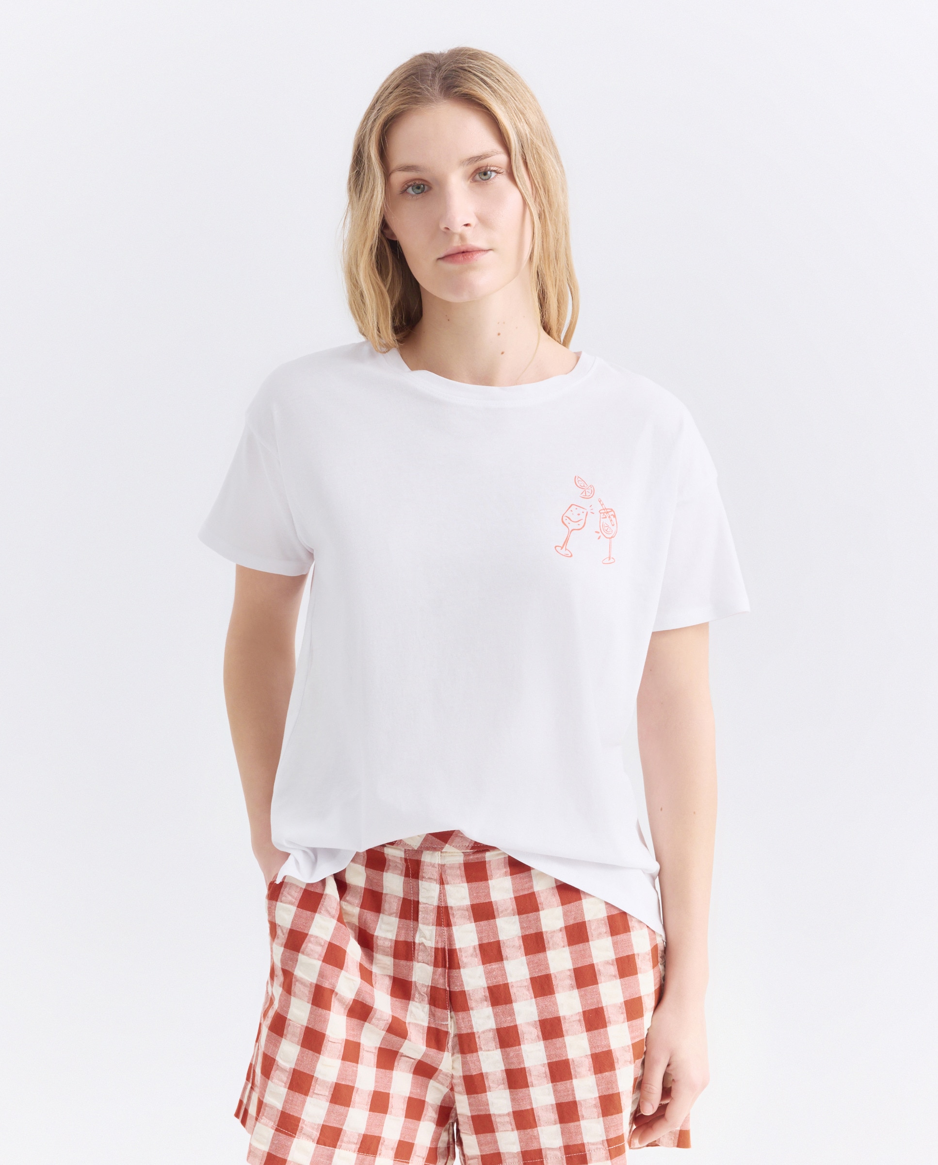 Camiseta de mujer cuello caja oversize print espalda Blanco-4