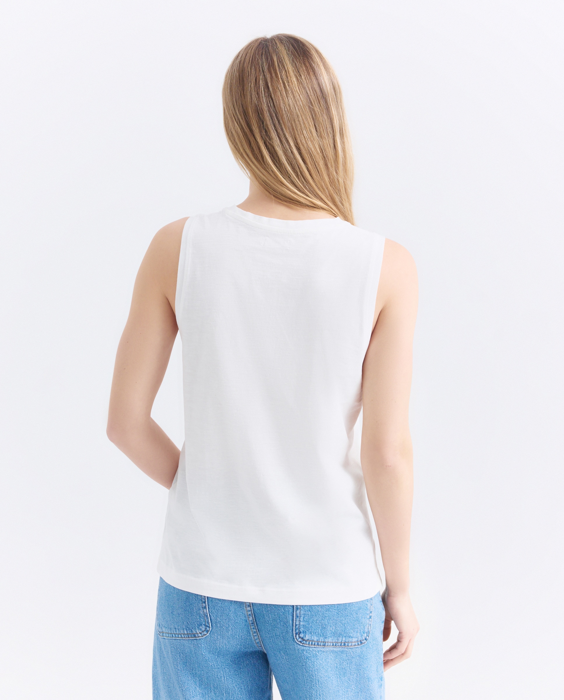 Camiseta básica sin mangas de mujer cuello caja Blanco-3
