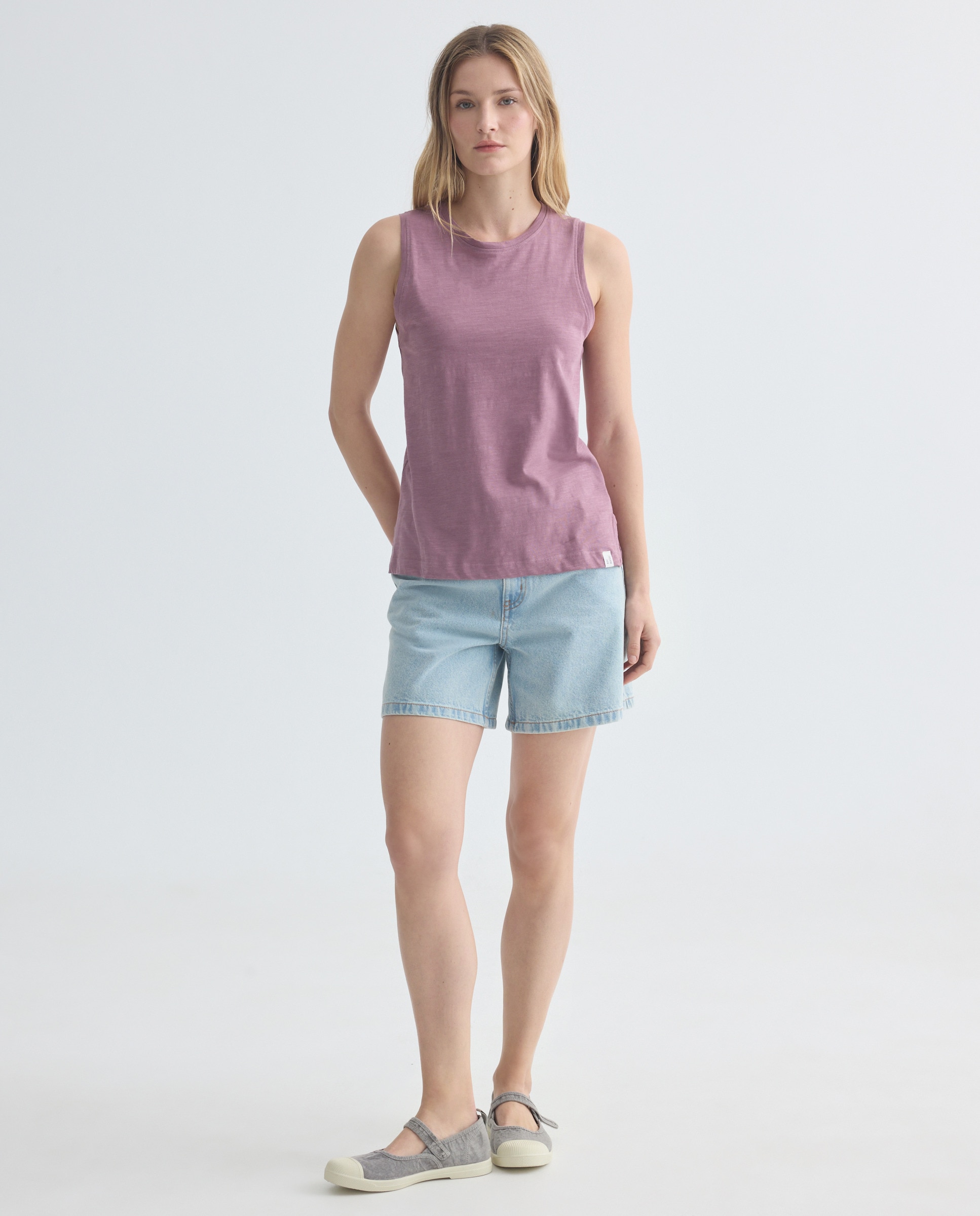 Camiseta básica sin mangas de mujer cuello caja Morado-2