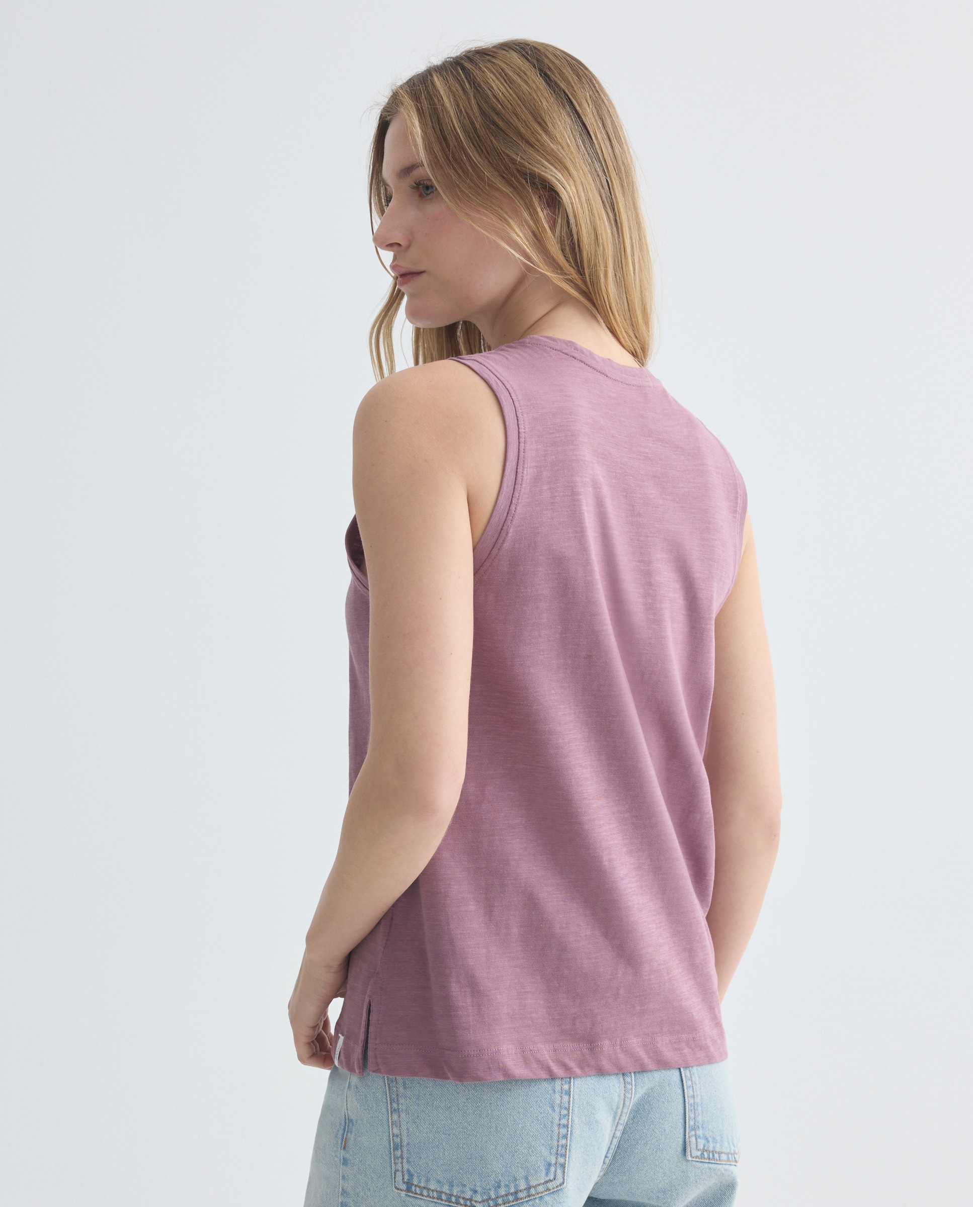Camiseta básica sin mangas de mujer cuello caja Morado-3