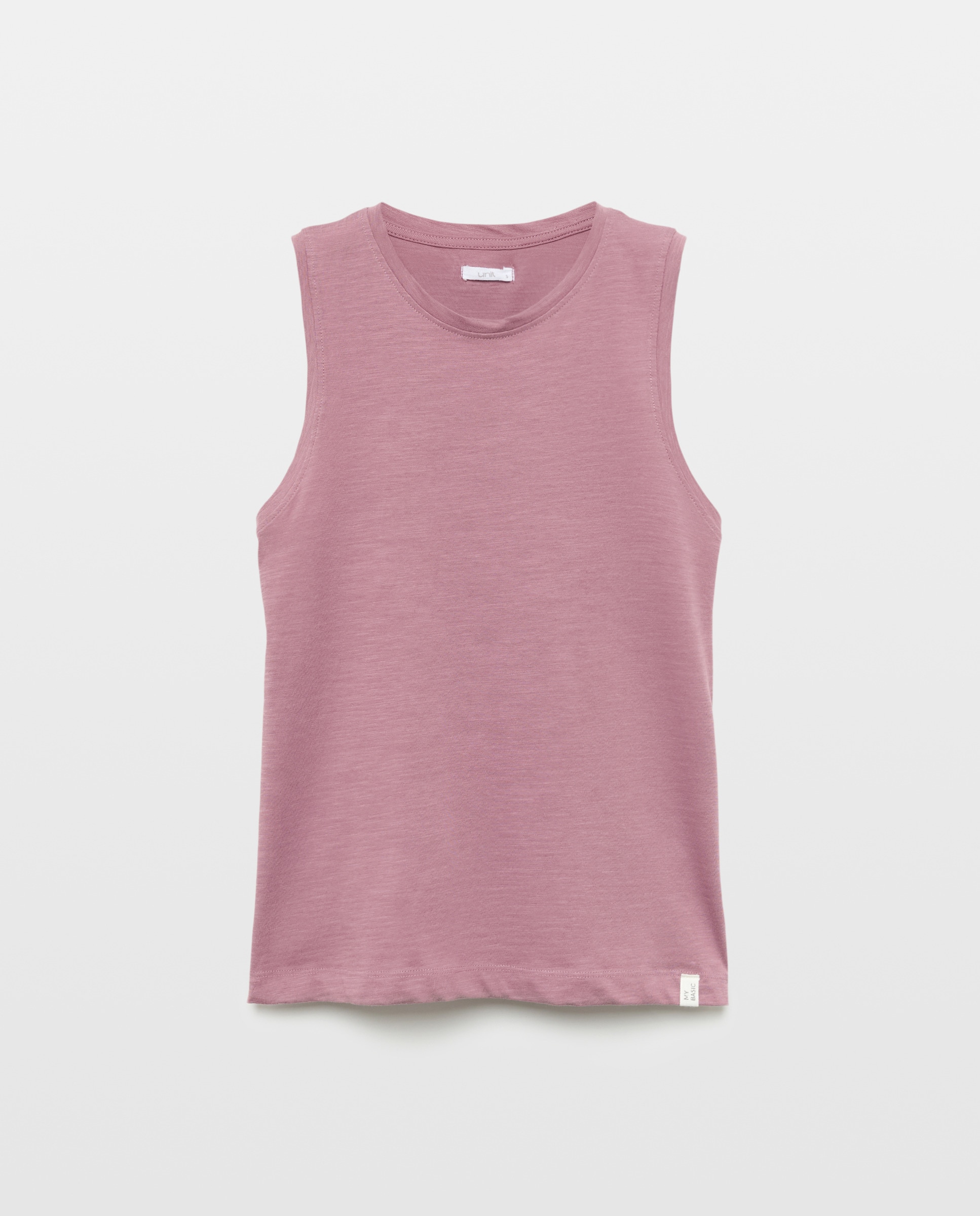 Camiseta básica sin mangas de mujer cuello caja Morado-4