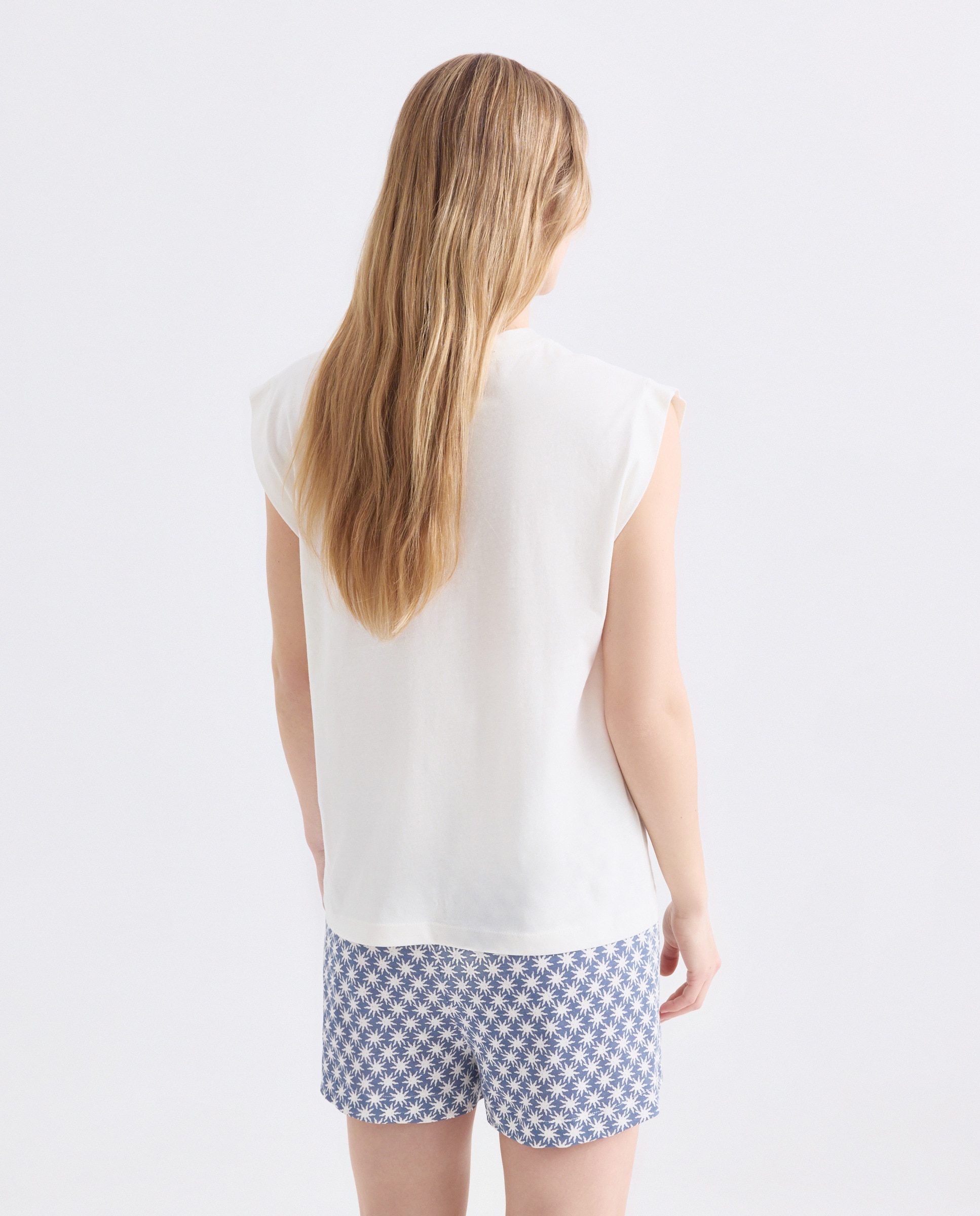 Pijama mujer corto algodón estampado Blanco roto-2