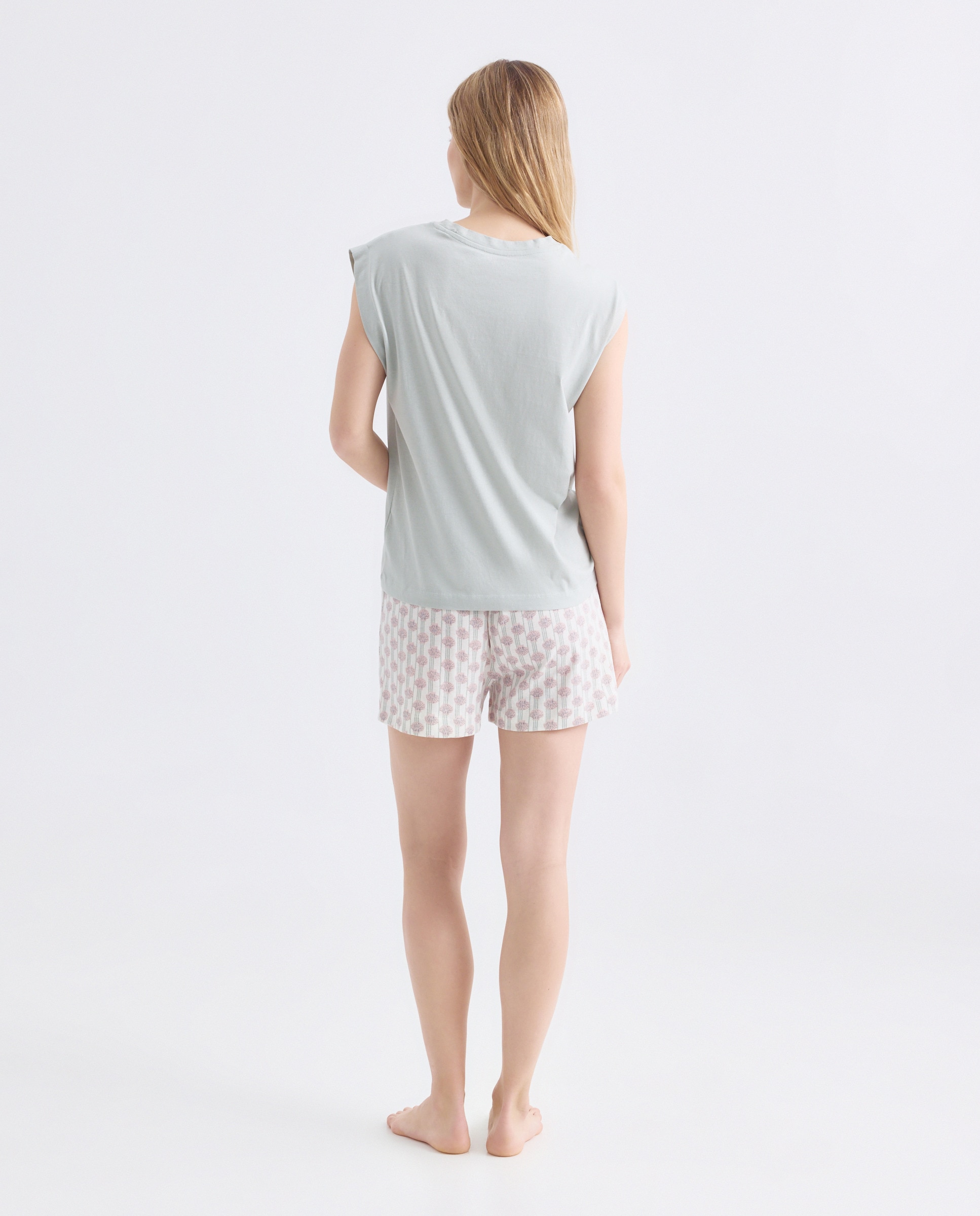 Pijama mujer corto algodón estampado 582 Verde agua-2