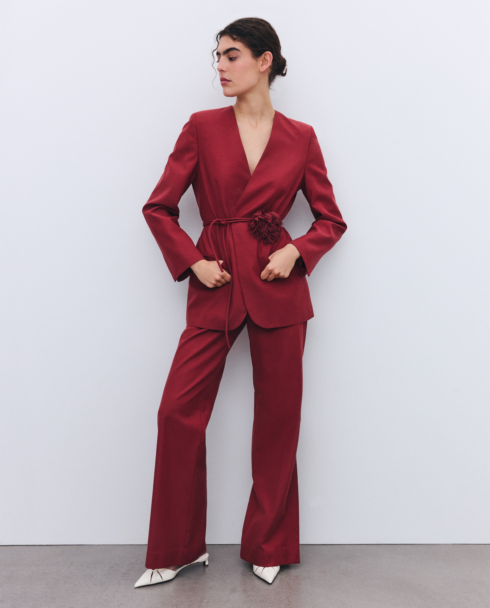 Blazer sem Lapela com Cinto Floral Ameixa-3