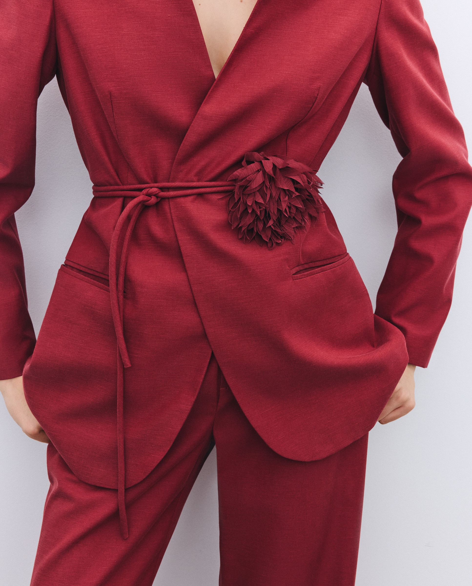 Blazer sem Lapela com Cinto Floral Ameixa-2