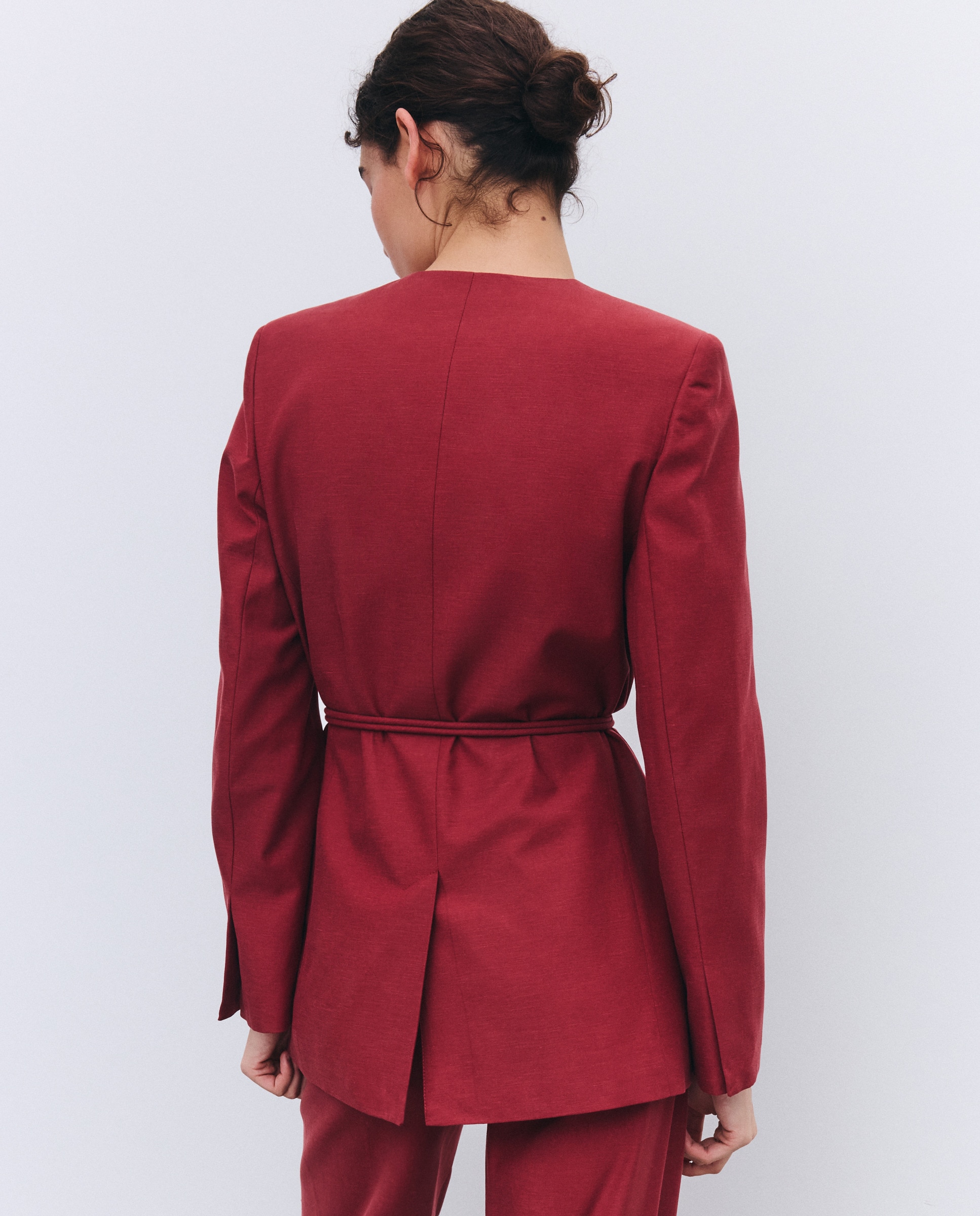 Blazer sem Lapela com Cinto Floral Ameixa-4