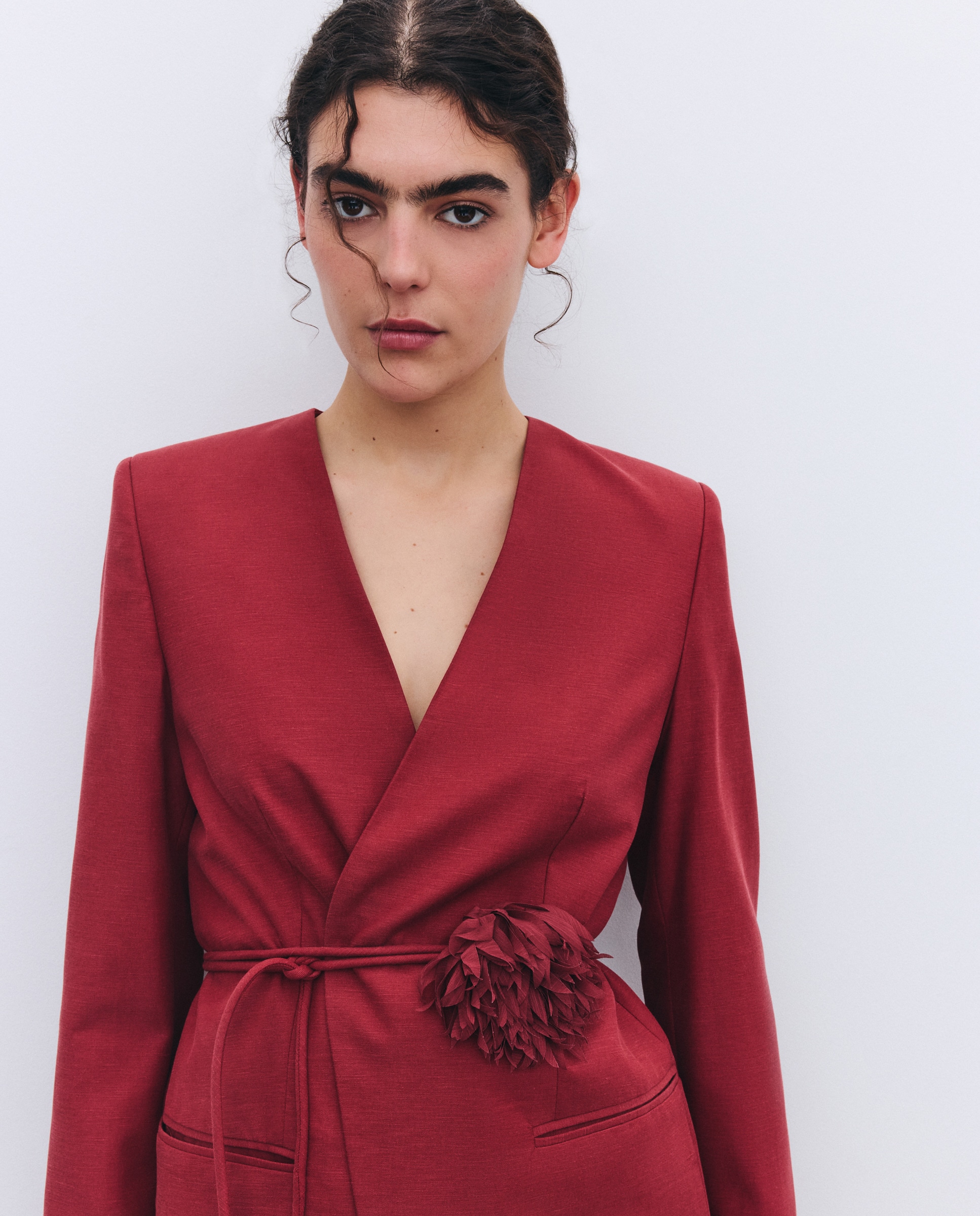 Blazer sem Lapela com Cinto Floral Ameixa-1